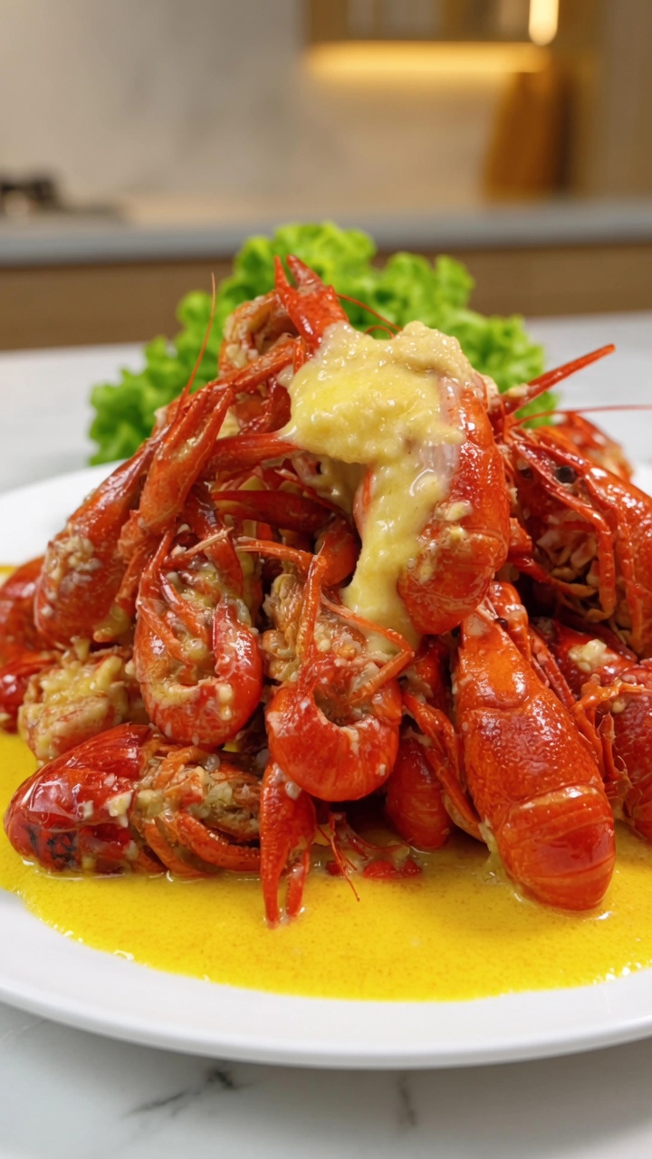 Una generosa porzione di gamberi di fiume cotti, ricoperti da una vibrante salsa giallo oro, serviti su un letto di lattuga fresca.