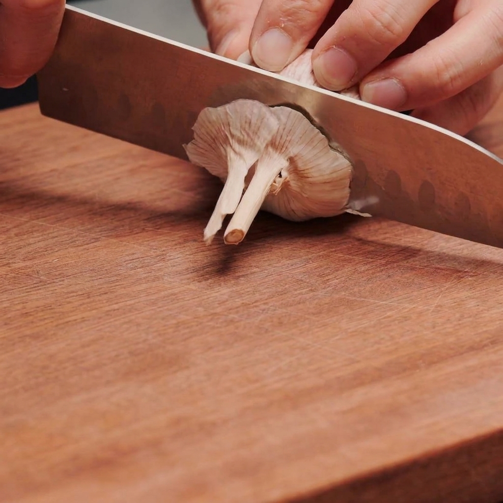 Un coltello da chef affilato che taglia la base di un bulbo daglio intero su un tagliere in legno.