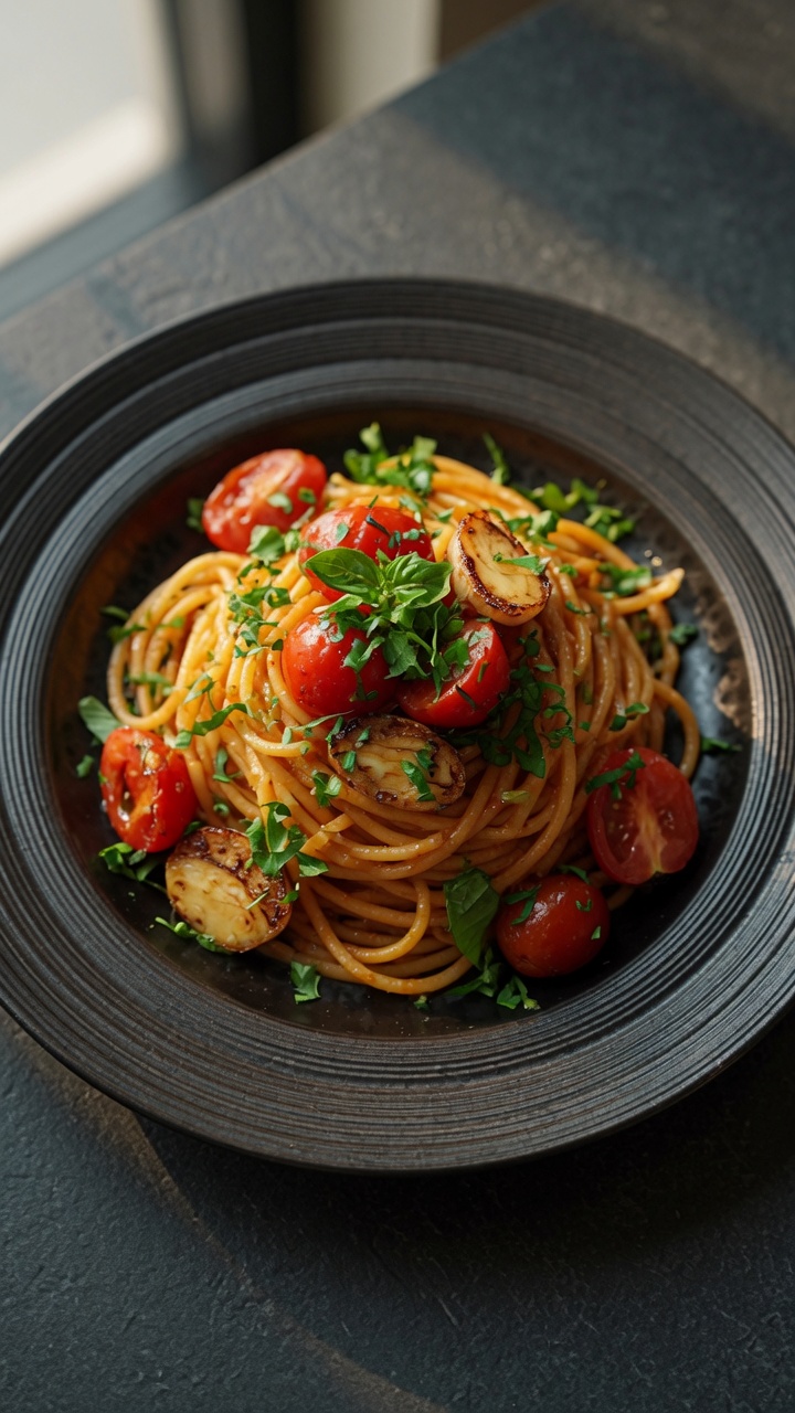 Spaghetti con aglio arrosto e pomodorini