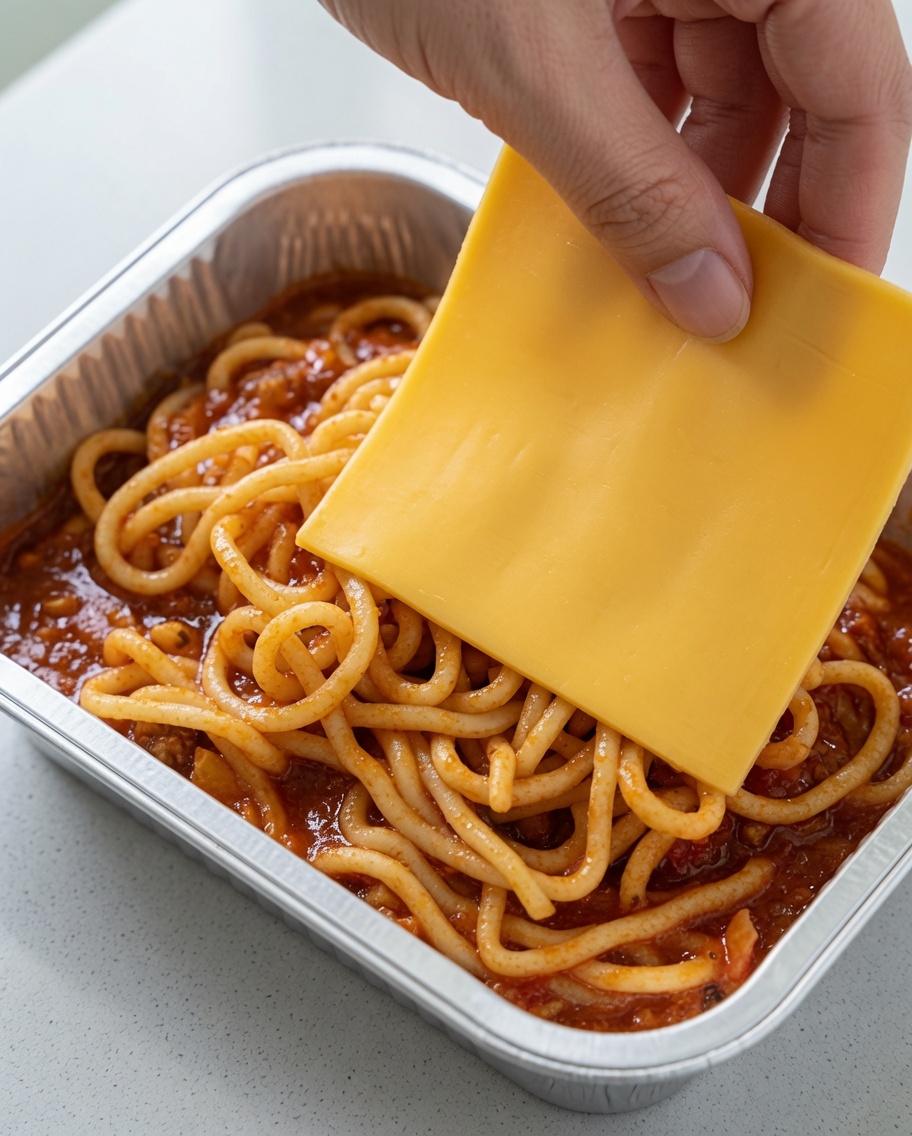 Due fette quadrate di formaggio giallo disposte ordinatamente sopra gli spaghetti al sugo.