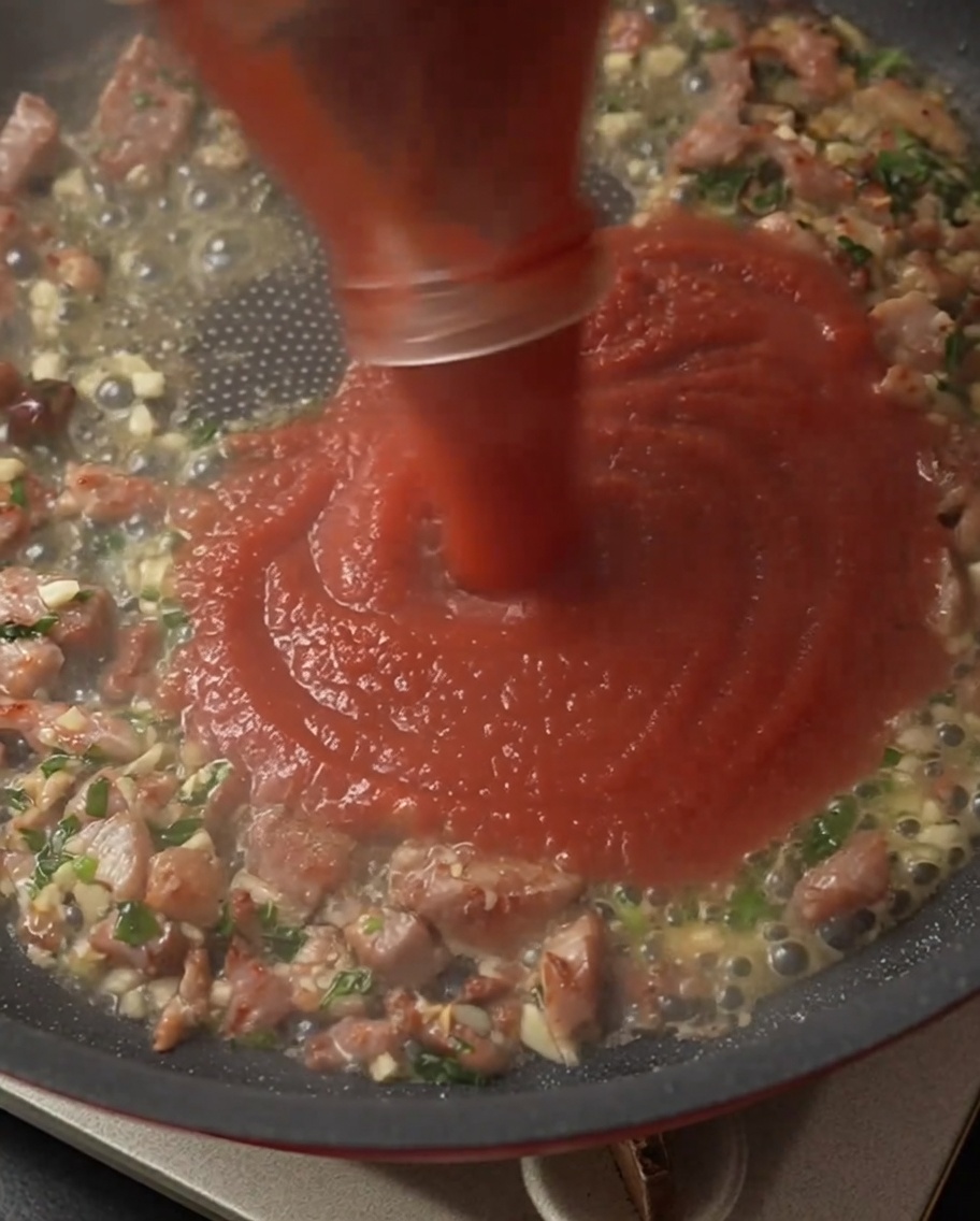 Passata di pomodoro versata nella padella direttamente da un barattolo.