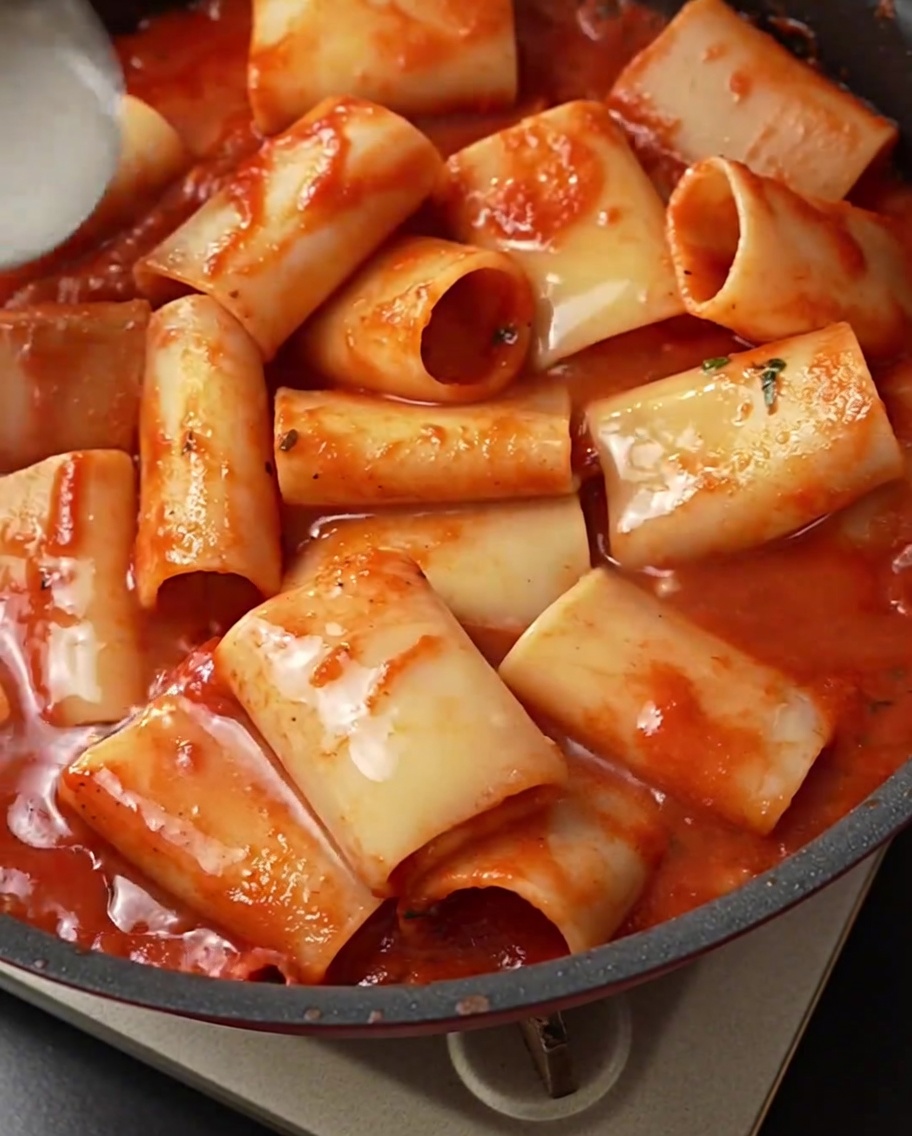 Un mestolo di acqua di cottura aggiunta alla padella con pasta e sugo.