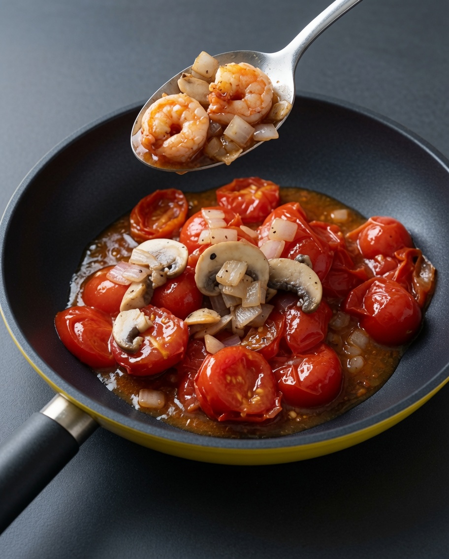 Una padella con pomodorini saltati, in cui vengono aggiunti nuovamente i gamberi cotti in precedenza, le cipolle e i funghi.