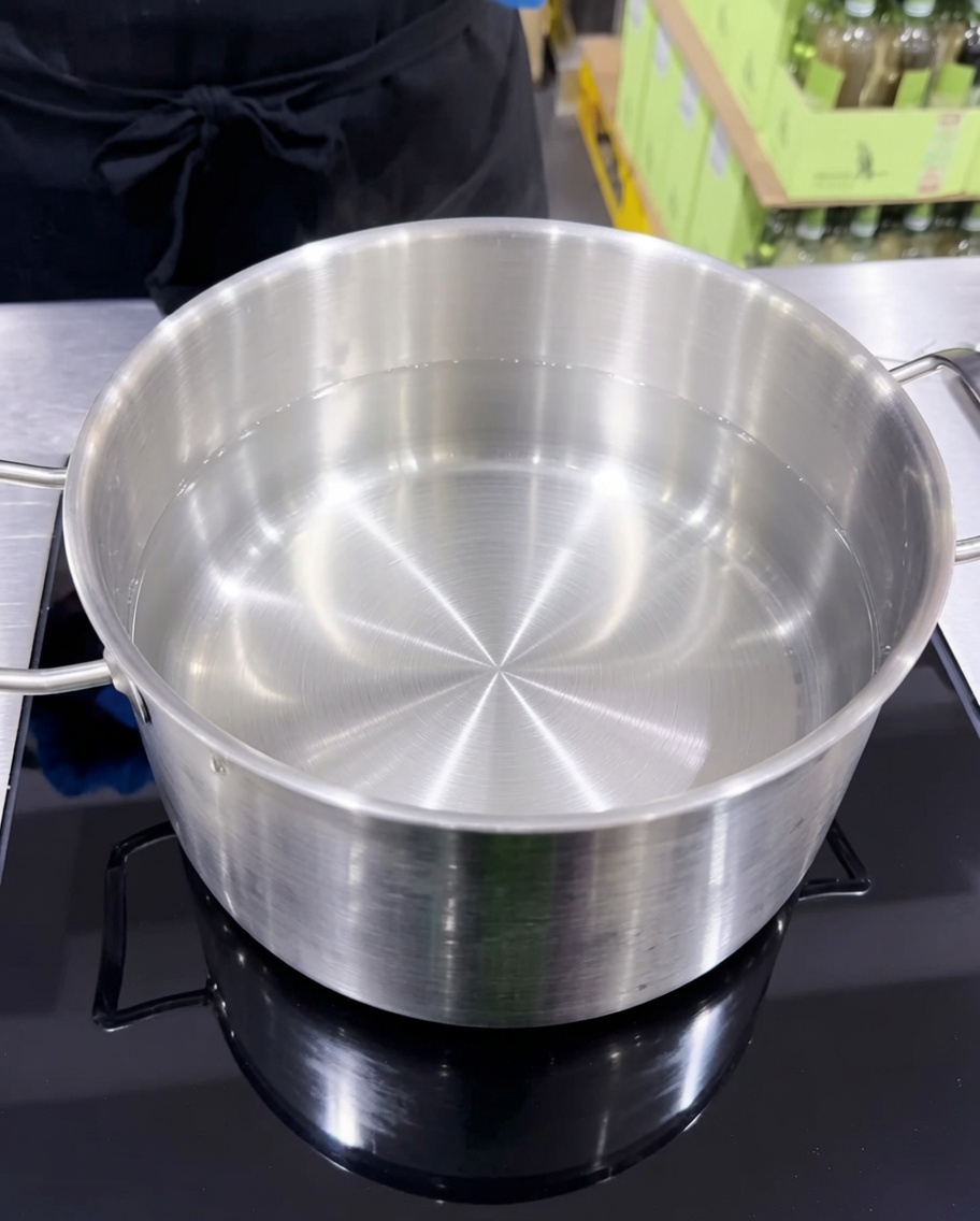 Una grande pentola di acqua bollente condita con sale e olio.