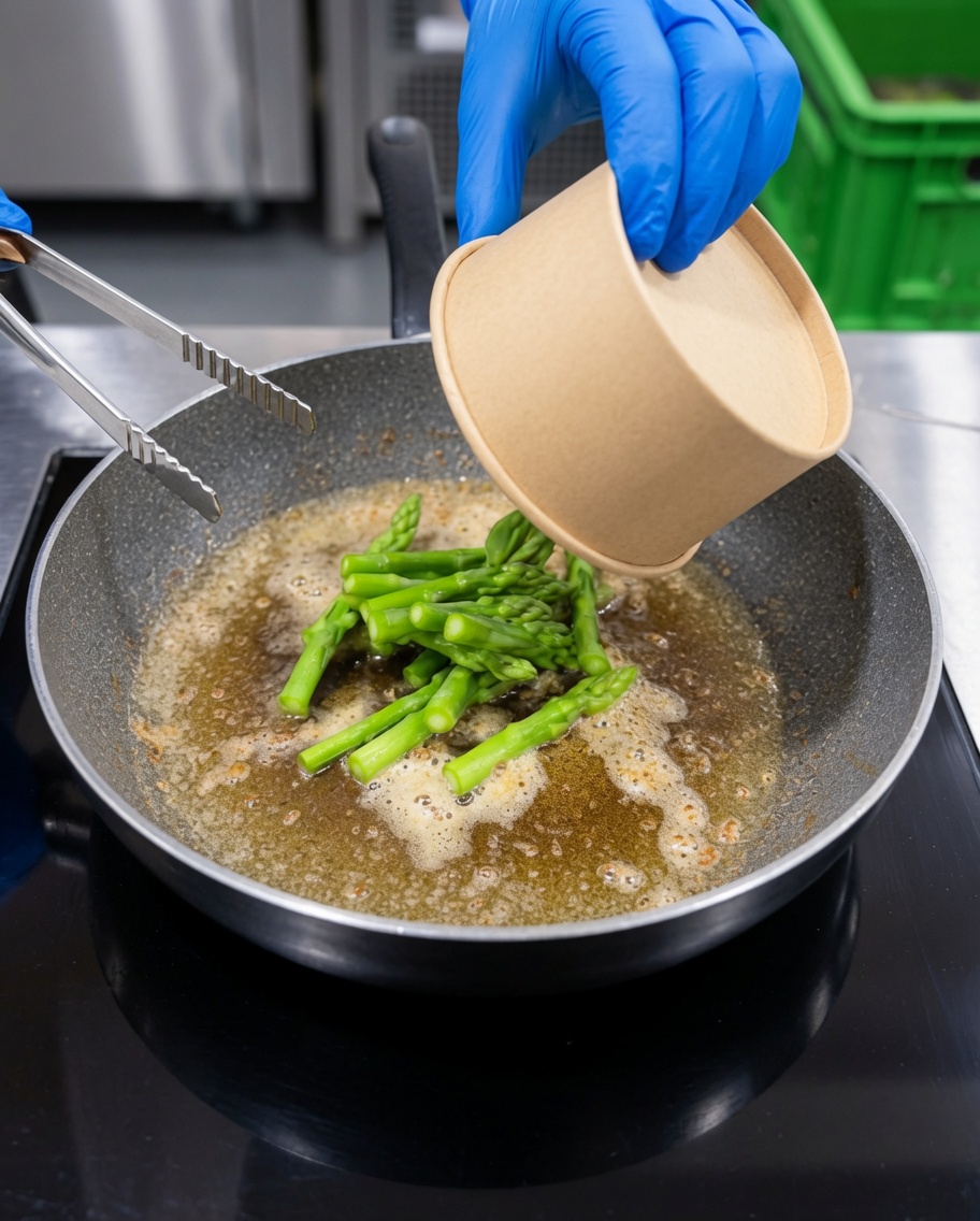 Gambi di asparagi verdi freschi saltati nel saporito olio di gamberi.