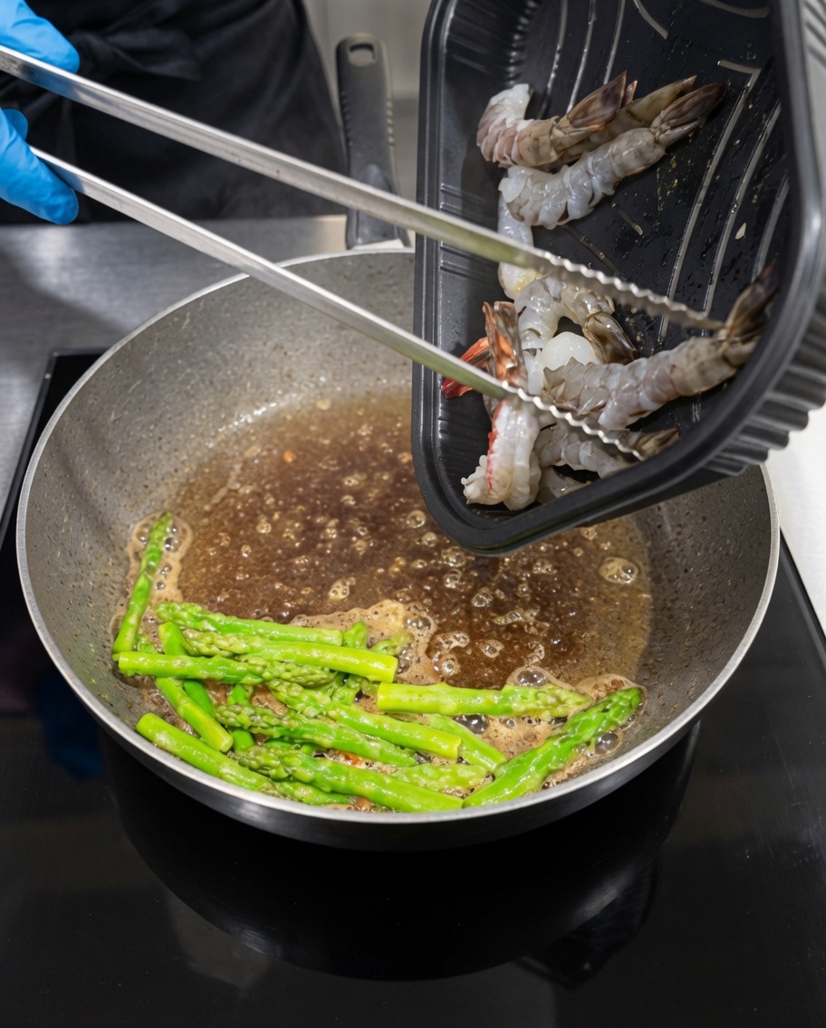 Gamberi tigre sgusciati aggiunti alla padella per cuocere insieme agli asparagi.