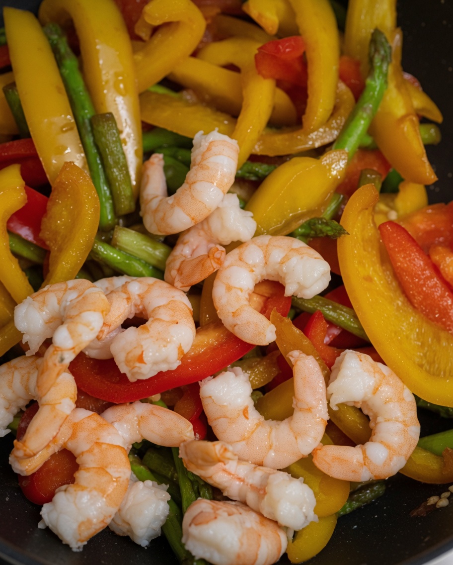 Gamberi rosa già cotti mescolati con peperoni e asparagi in una padella.