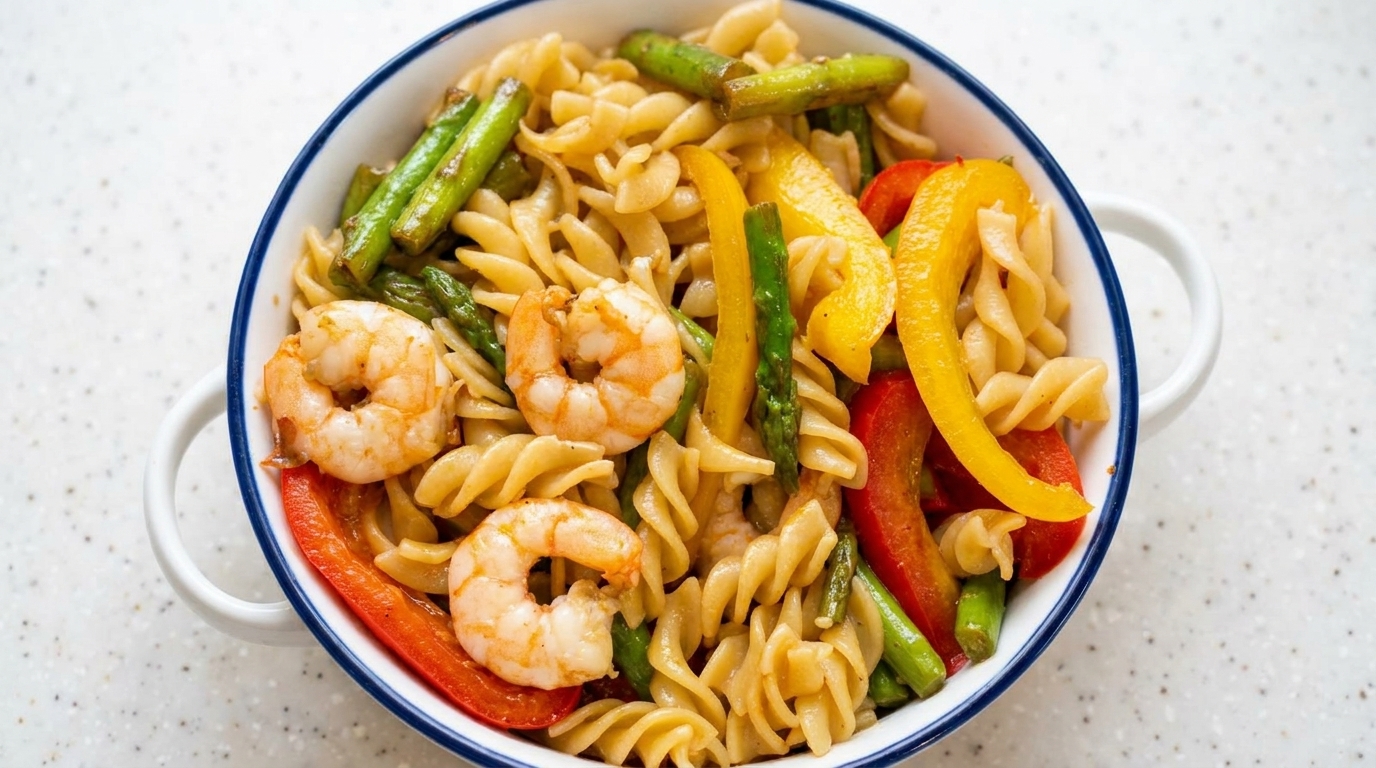 Una ciotola di pasta rotini saltata in padella con asparagi verdi, peperoni colorati e teneri gamberi.