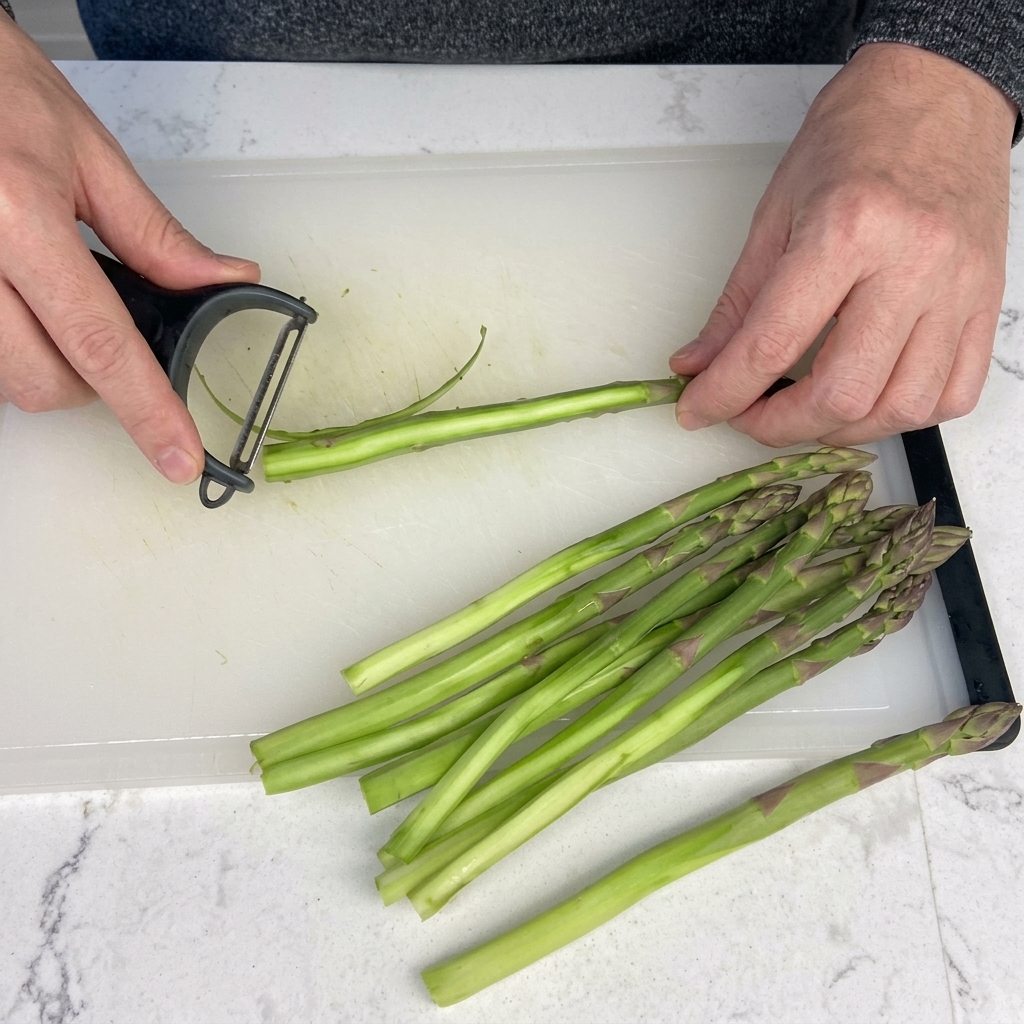 Gambi di asparagi pelati con un pelapatate su un tagliere bianco.