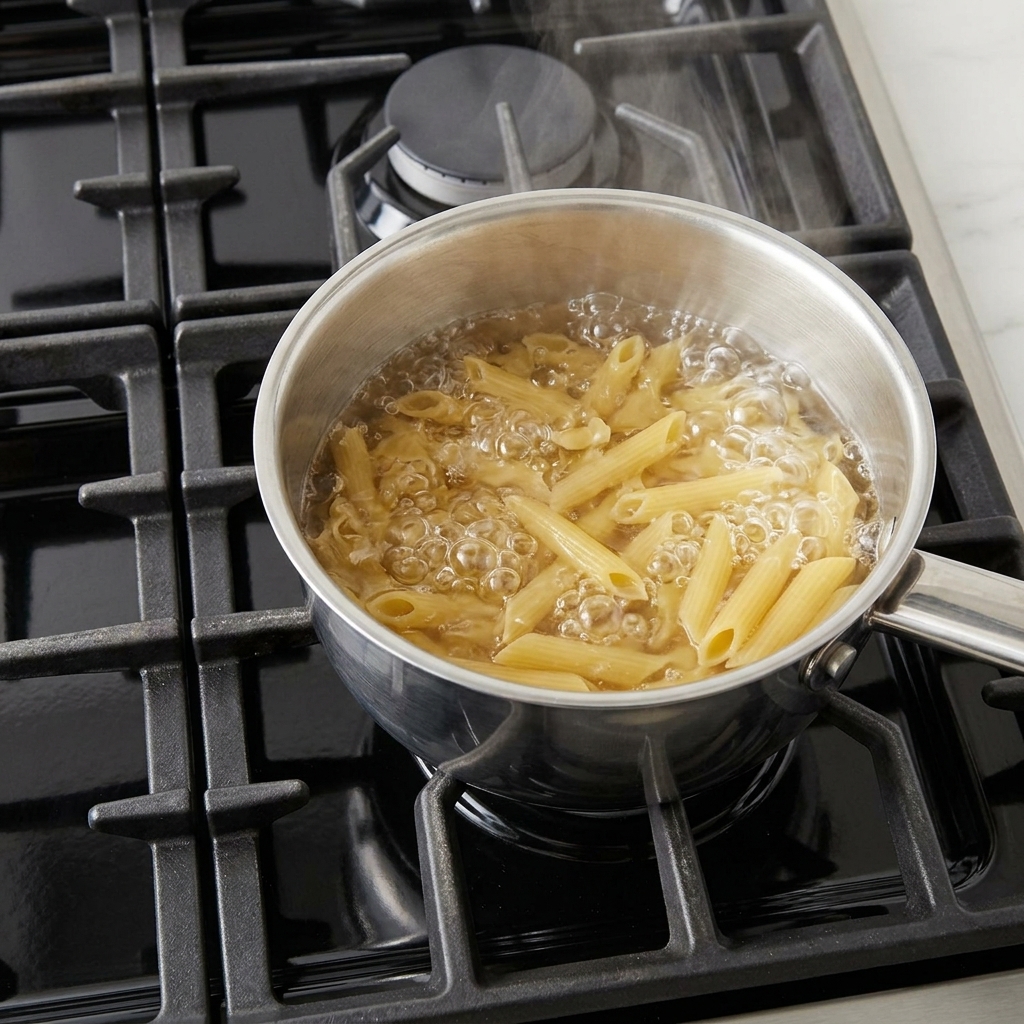 Rigatoni aggiunti a una pentola di acqua salata bollente su un fornello.