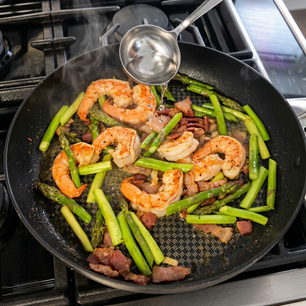 Due mestoli di acqua di cottura della pasta versati nella padella per sobbollire con i gamberi, la pancetta e gli asparagi.