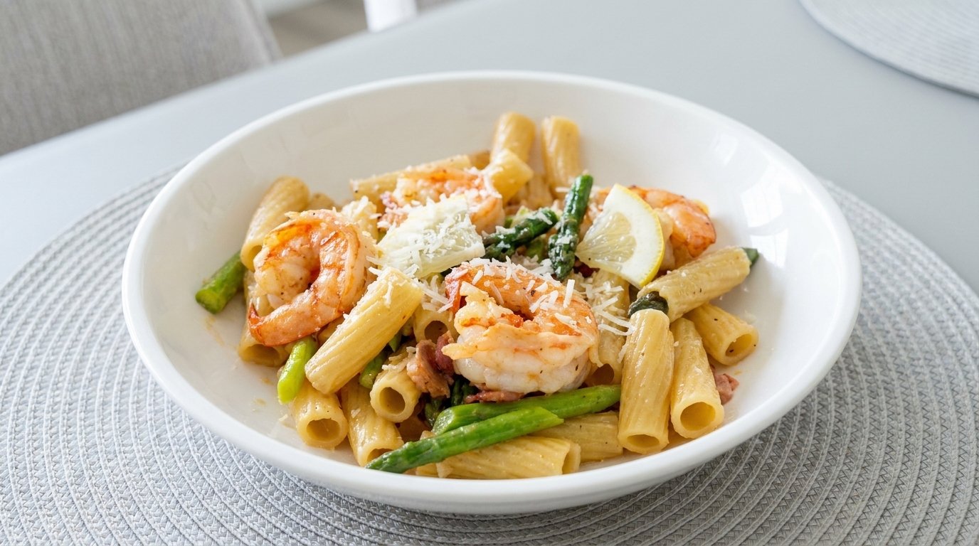 Rigatoni agli Asparagi e Gamberi