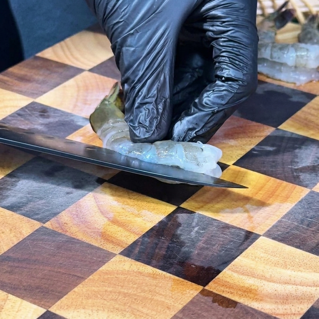 Una persona con guanti neri usa un coltello da chef per pulire un gambero crudo su un tagliere in legno.