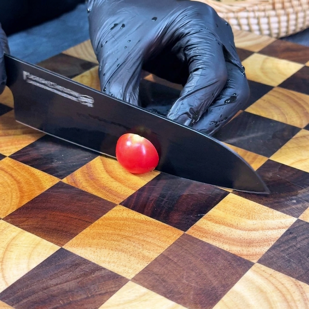 Un coltello nero affilato che taglia a metà un pomodorino su un tagliere.