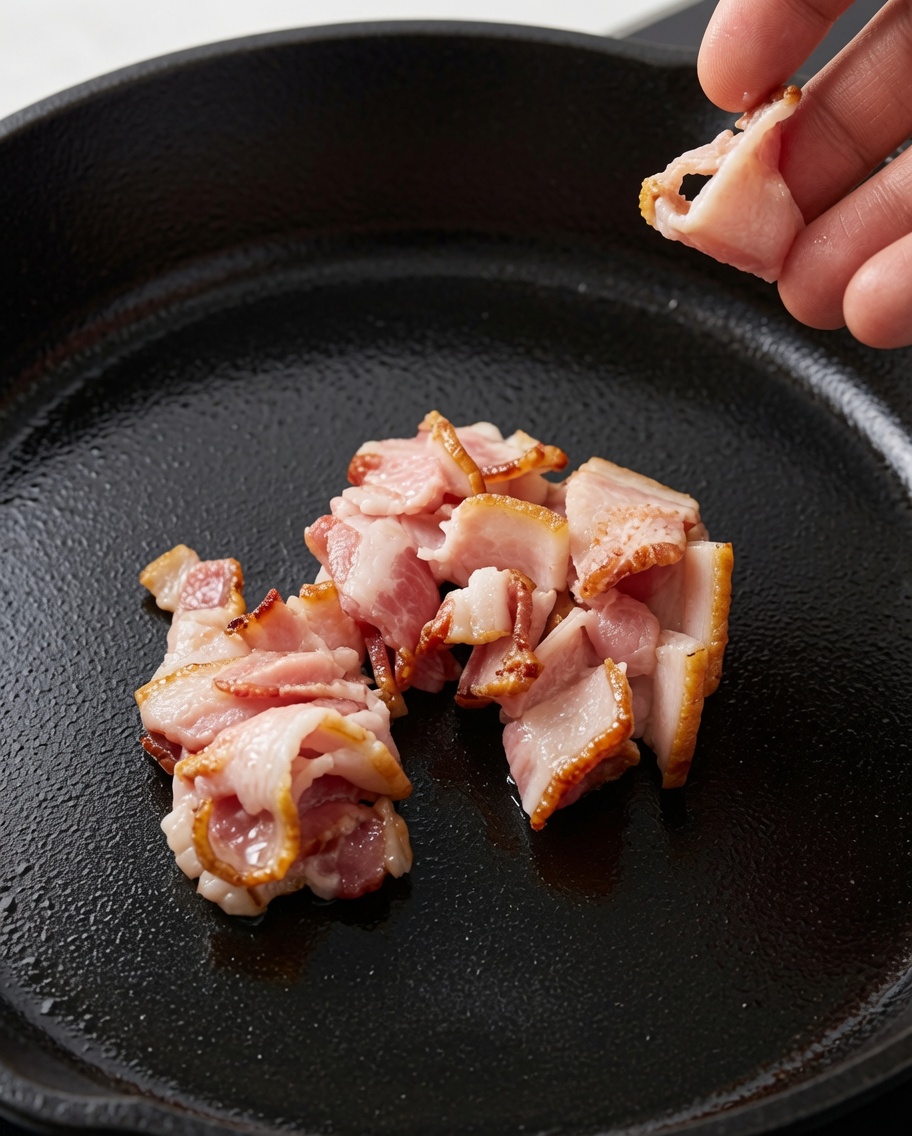 Una mano che aggiunge strisce di bacon crudo in una padella in ghisa.