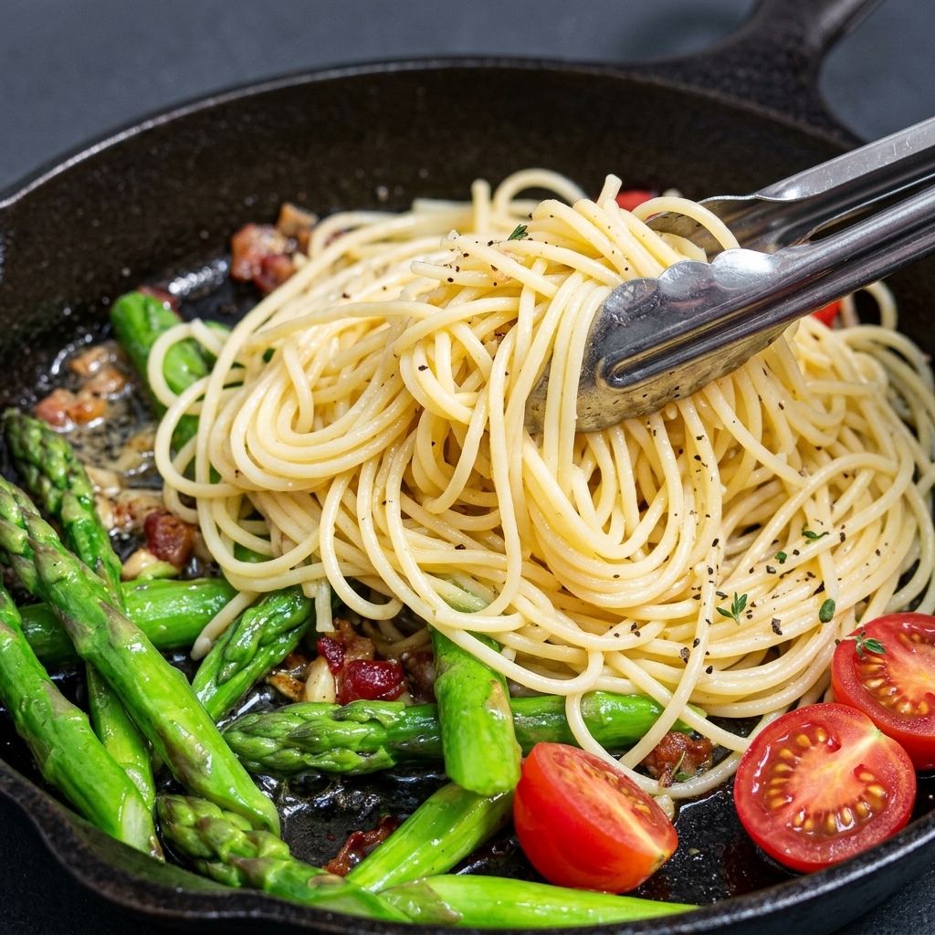 Pasta bollita aggiunta in una padella con le verdure saltate, pronta per essere mescolata.