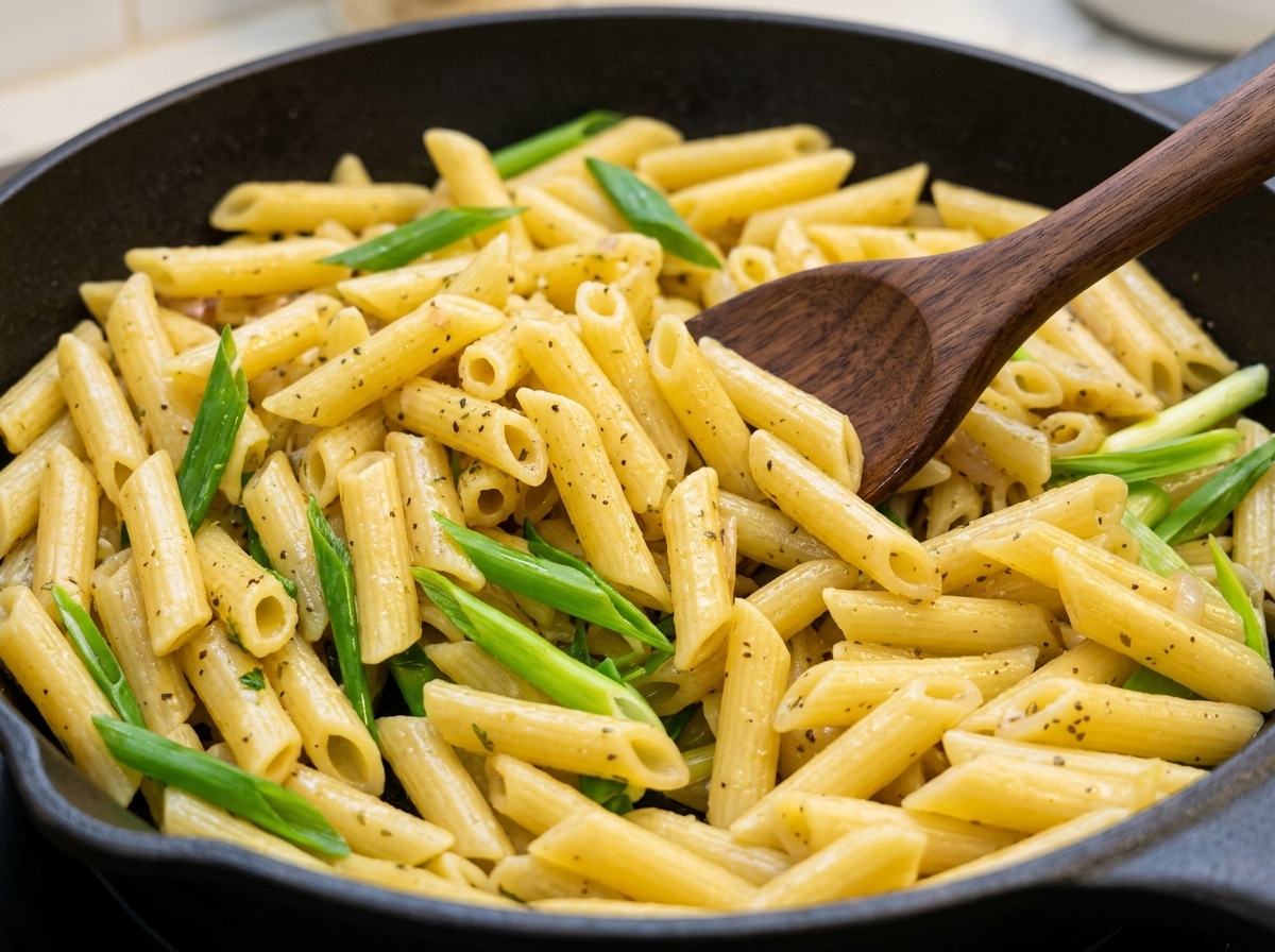 Penne saltate con salsa al pepe nero e germogli verdi in una padella di ghisa usando una spatola di legno.