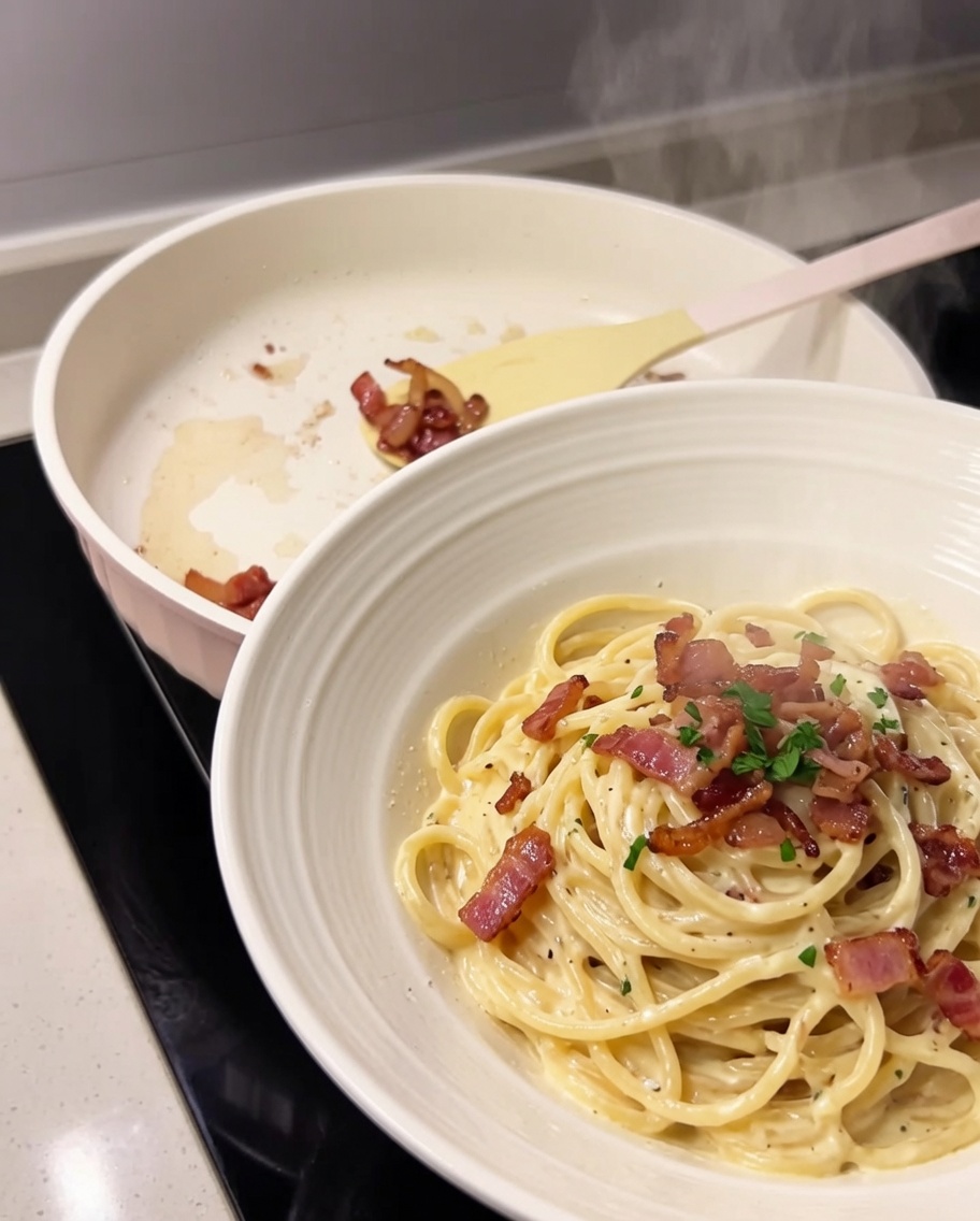 Pezzetti di guanciale croccante trasferiti dalla padella in una piccola ciotola.