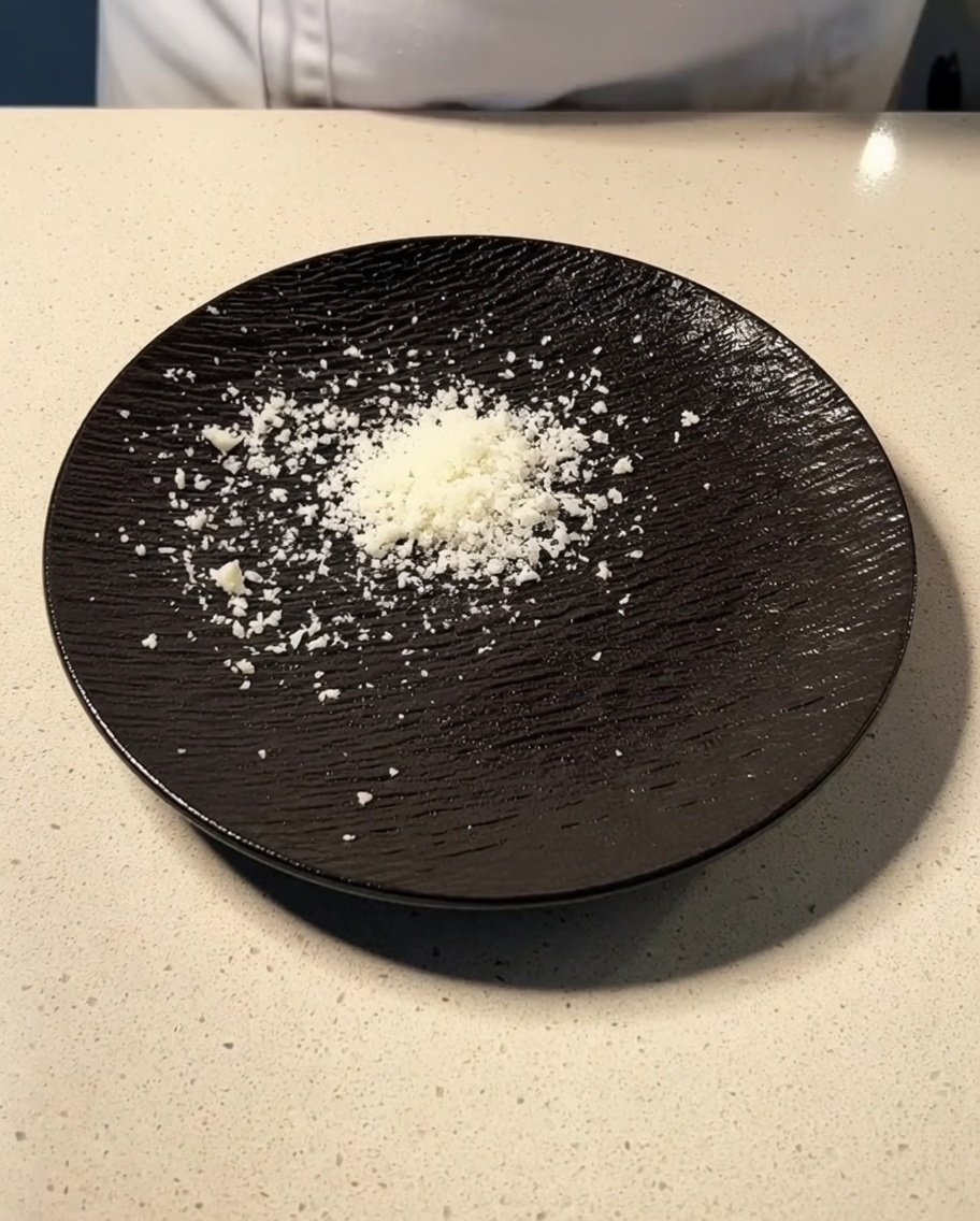 Parmigiano e Pecorino appena grattugiati e disposti su un piatto scuro ruvido.