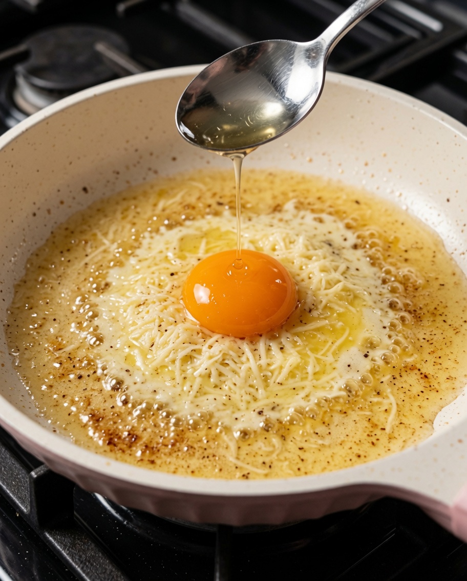 Un singolo tuorlo duovo crudo appoggiato sopra il formaggio e il grasso in una padella, con un cucchiaio vicino.