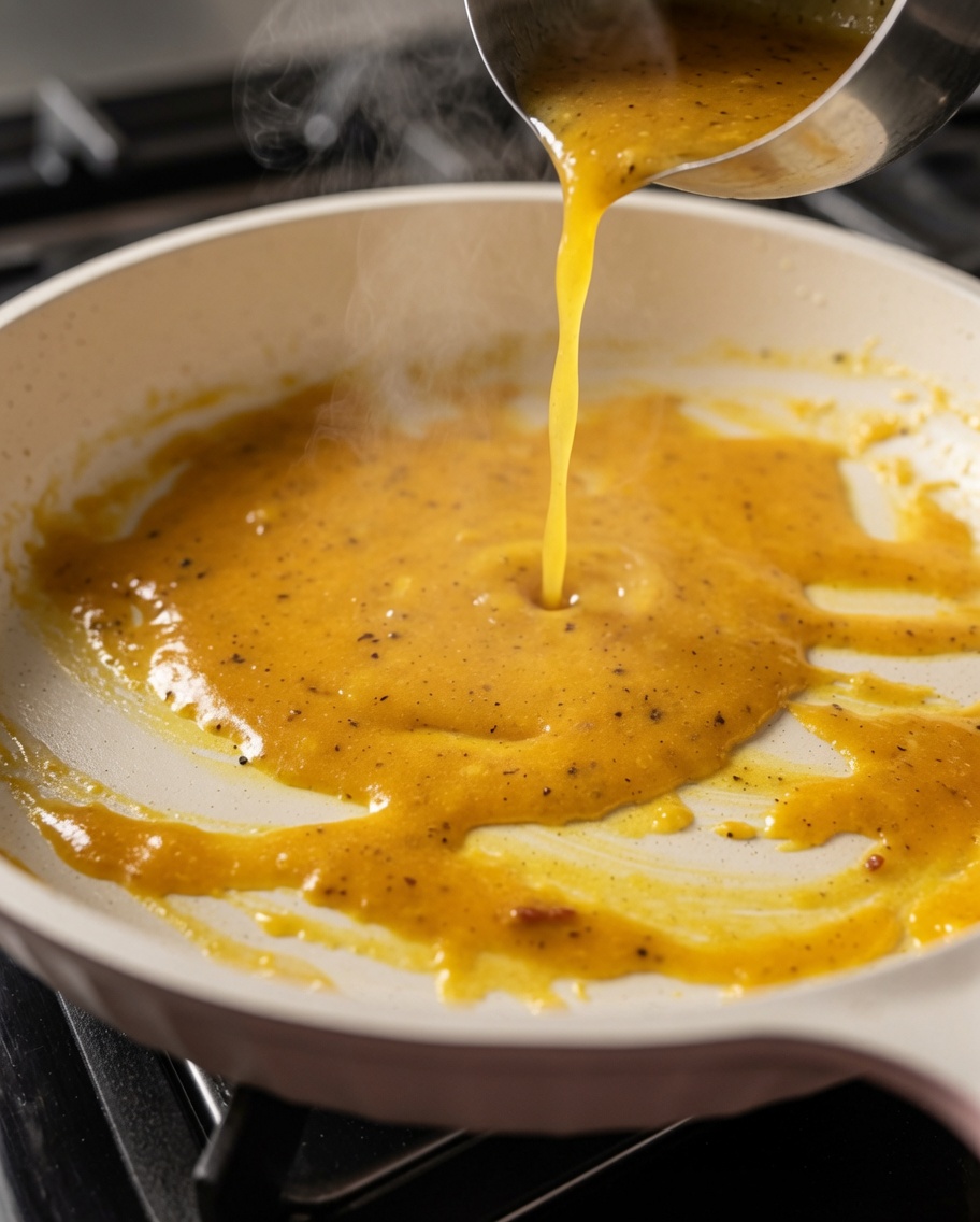 Acqua di cottura della pasta versata nella padella per diluire e rendere omogenea la crema di uova e formaggio.