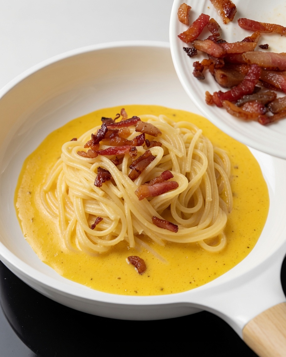 Pezzetti di guanciale croccante aggiunti nella padella sopra gli spaghetti e la crema.