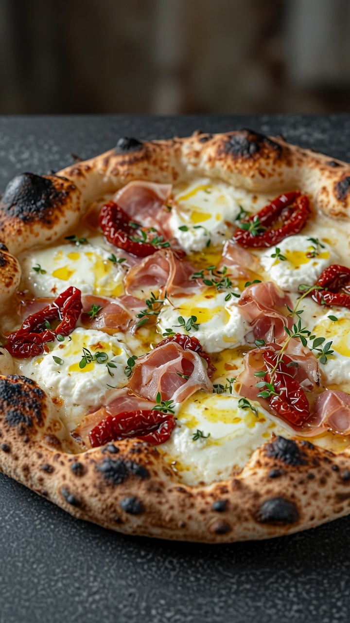 Una pizza artigianale appena sfornata con formaggio di capra fuso, pomodori secchi, pancetta e timo fresco.