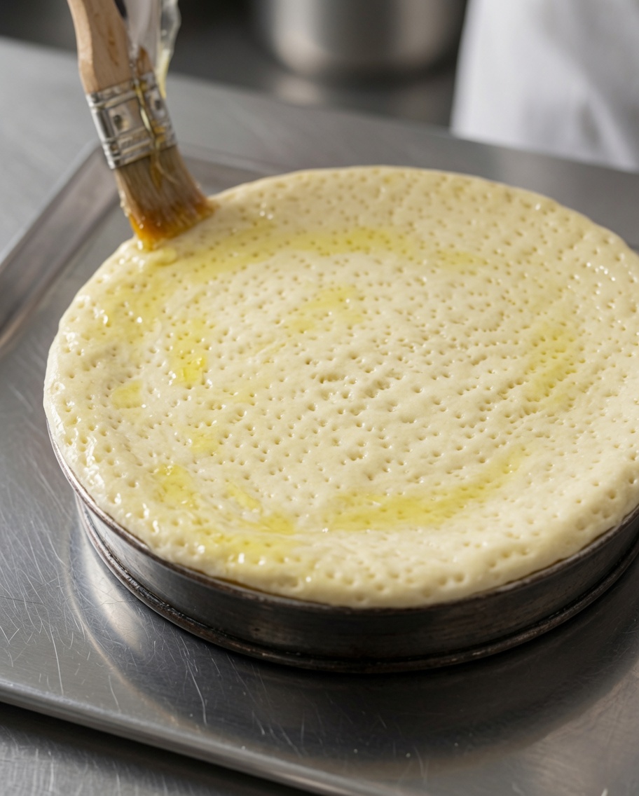 Olio doliva spennellato sulla superficie dellimpasto preparato.