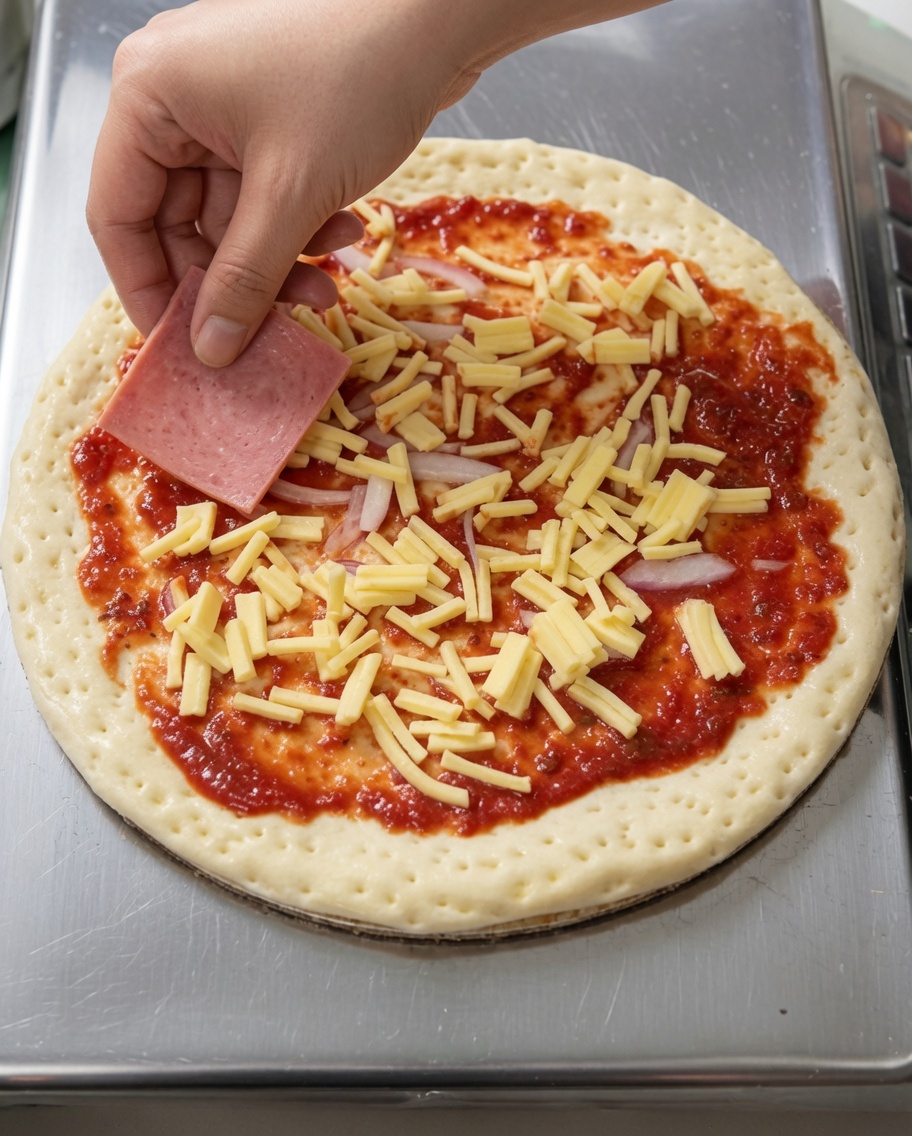 Primo piano di una mano che posiziona con cura fette di prosciutto su una base di pizza condita con salsa e formaggio.