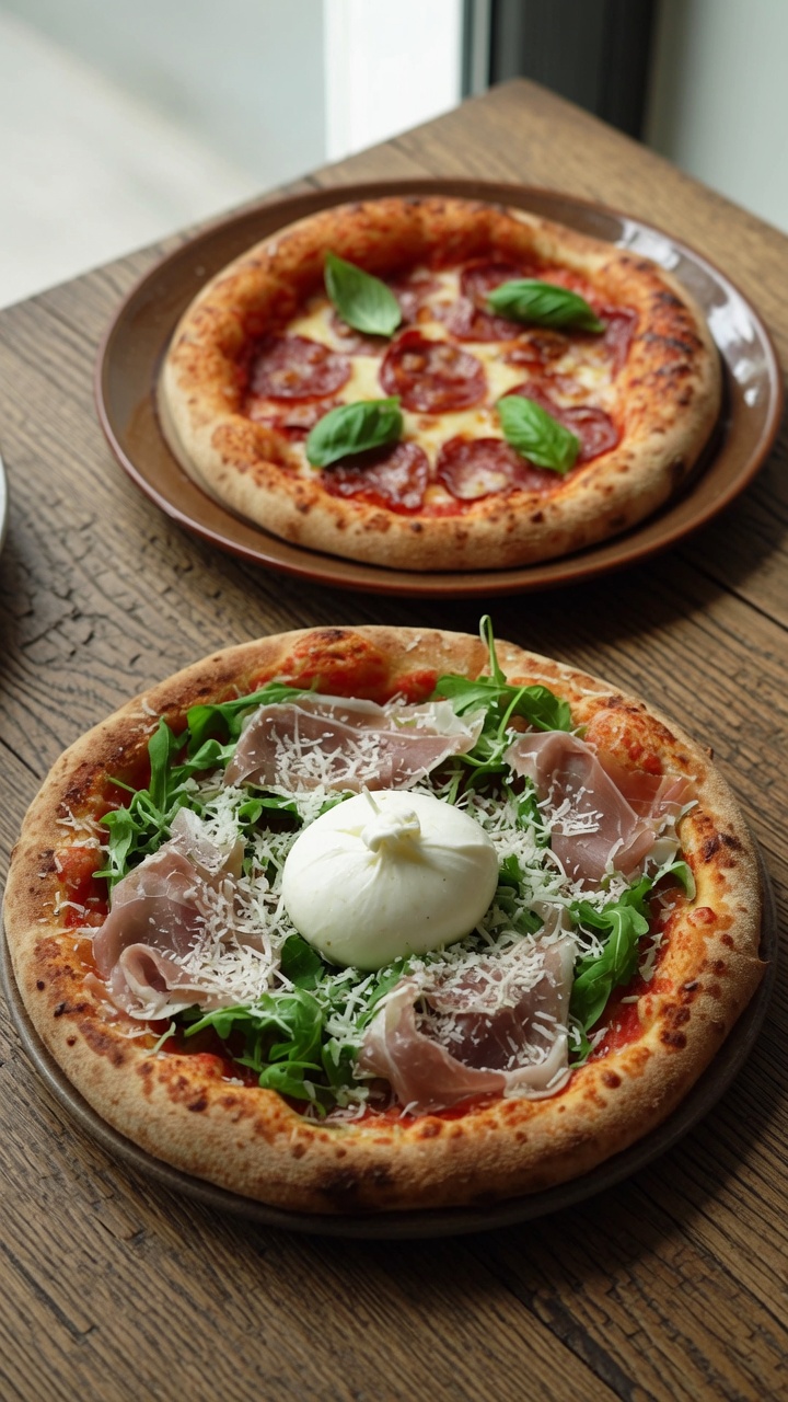 Pizze fatte in casa con burrata, prosciutto e salame