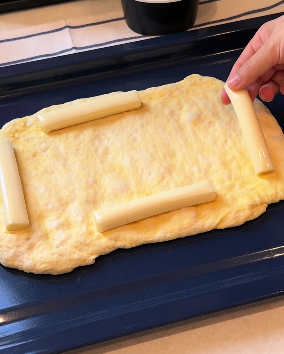 Mani che ripiegano i bordi dellimpasto sui bastoncini di mozzarella per formare un cornicione ripieno.