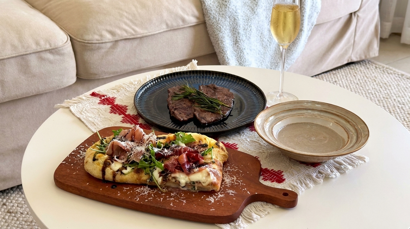 Pizza con Cornicione Ripieno, Burrata e Prosciutto con Bistecche Scottate