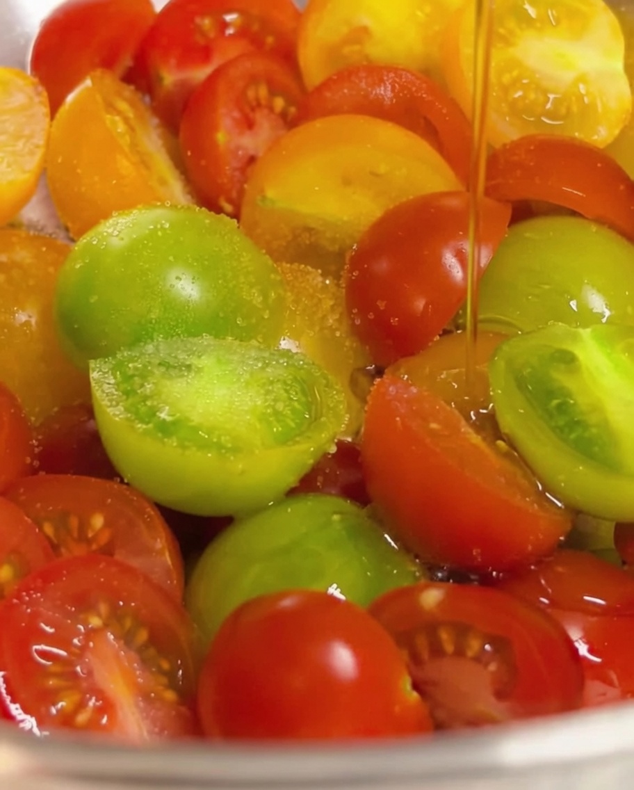 Olio doliva versato a filo su un misto colorato di pomodorini tagliati conditi con sale.