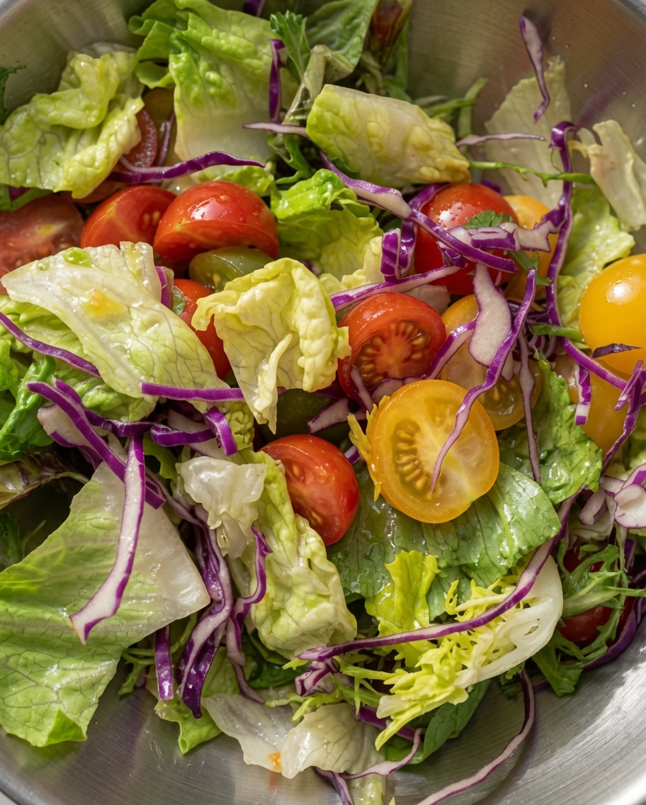 Uninsalata vibrante di lattuga, cavolo viola e pomodorini mescolati insieme in una ciotola di metallo.