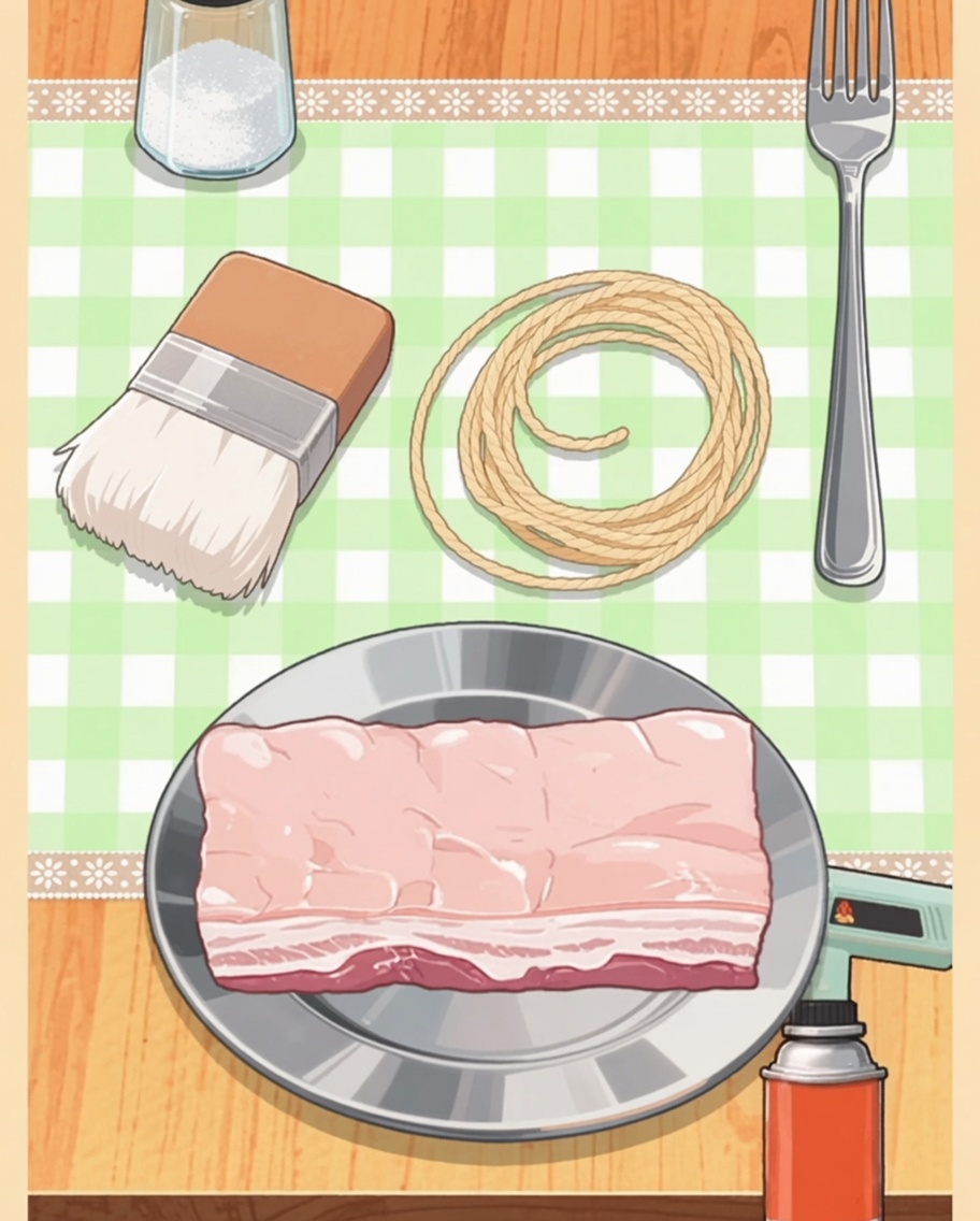 Un pezzo di pancetta di maiale condita su un piatto accanto a un cannello da cucina.