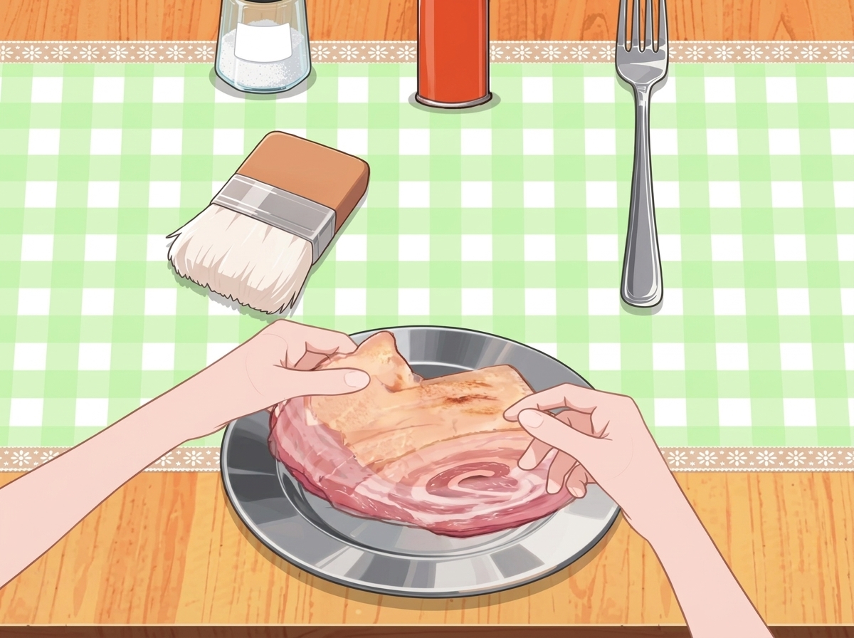 Mani che arrotolano strettamente un pezzo di pancetta di maiale scottata su un piatto di metallo.