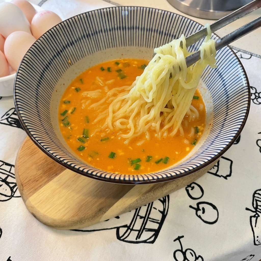 Ciotola finita di ramen con uova, alga e cipollotto.
