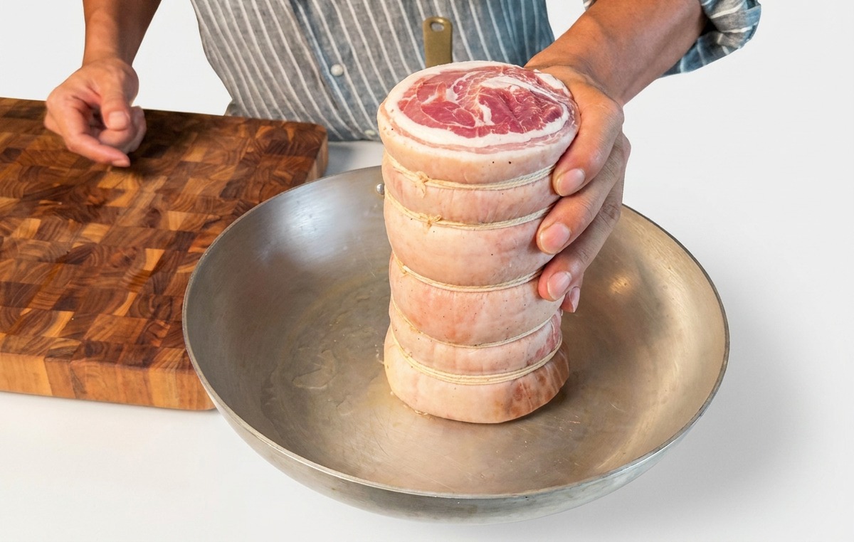 Tenere un rotolo di pancetta di maiale legata in verticale in una padella a fondo piatto calda per rosolare le estremità.