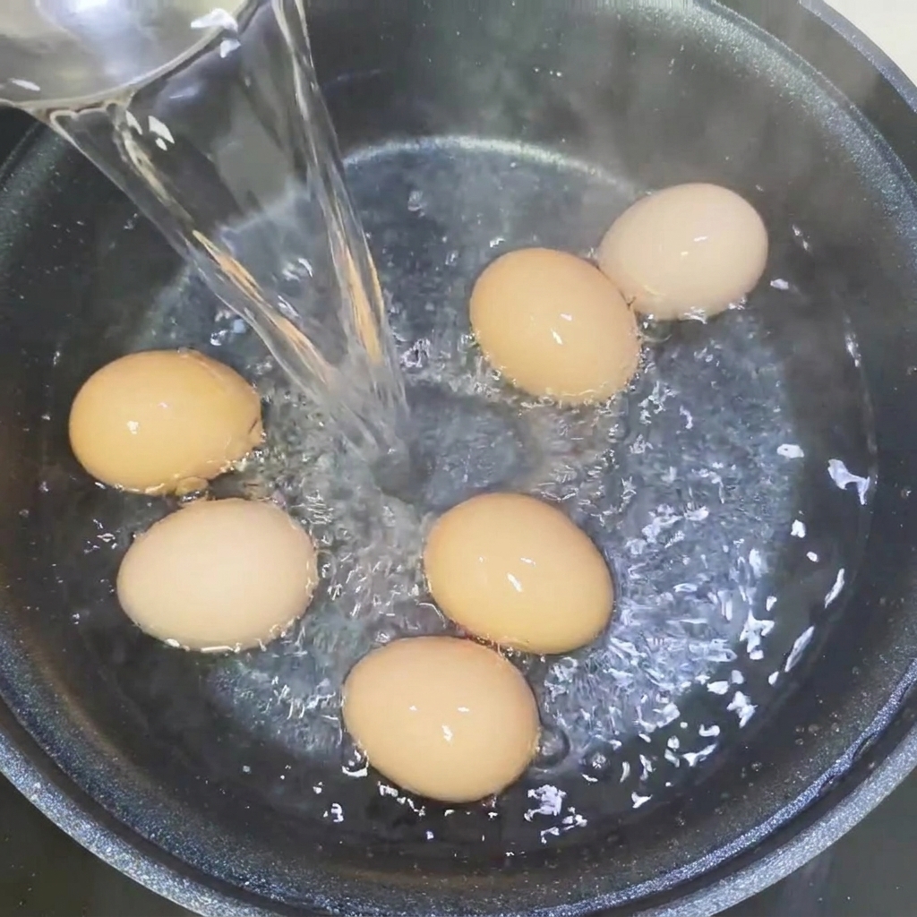 Uova che bollono in una pentola dacqua sul fornello.