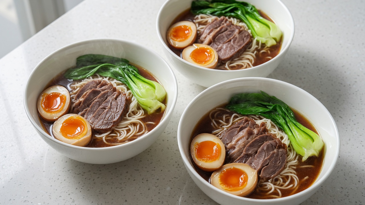 Zuppa di noodle con stinco di manzo brasato e uova marinate