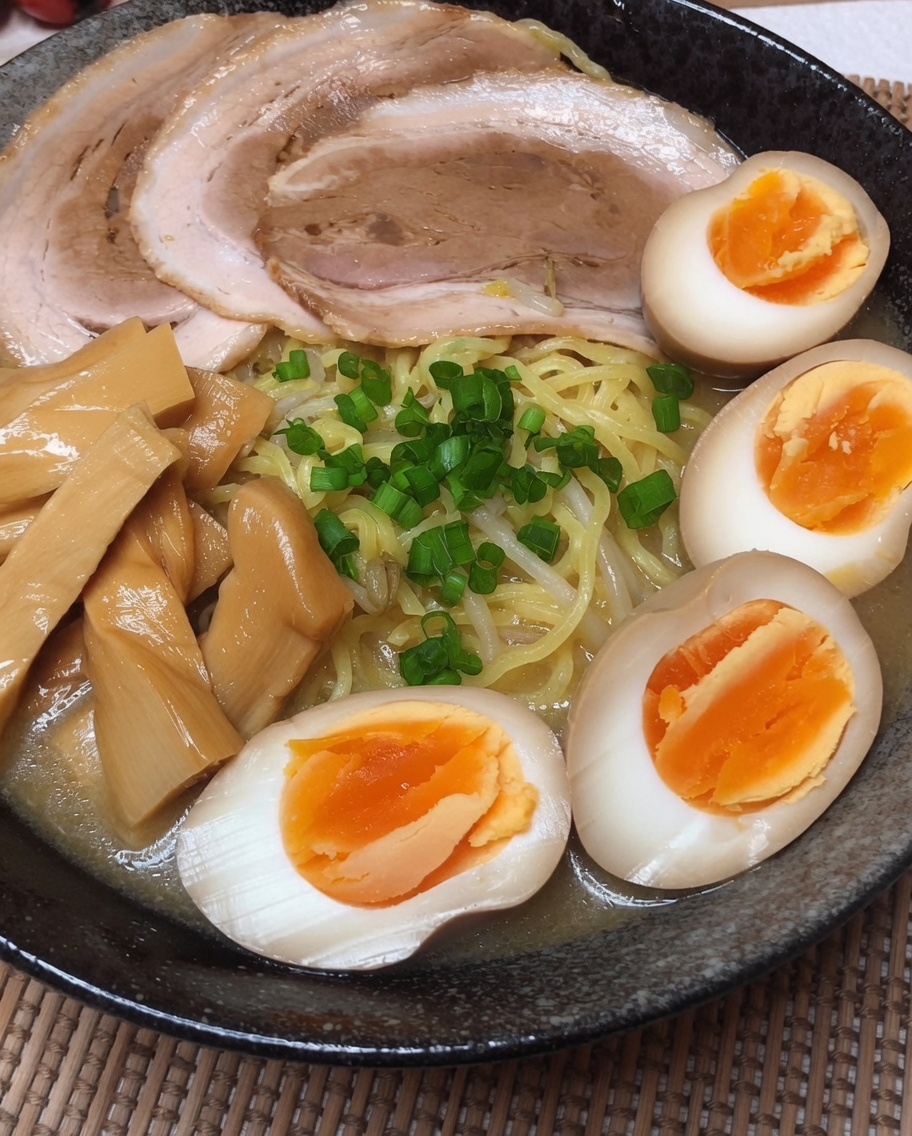Una ciotola fumante di ramen finito guarnita con una spolverata di cipollotto fresco tritato.