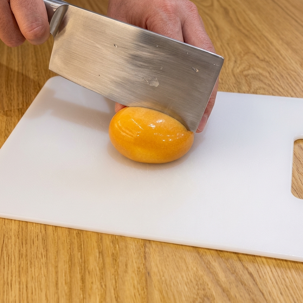 Un grosso coltello da cucina che taglia a metà un uovo barzotto marinato, lucido e marrone, su un tagliere bianco.