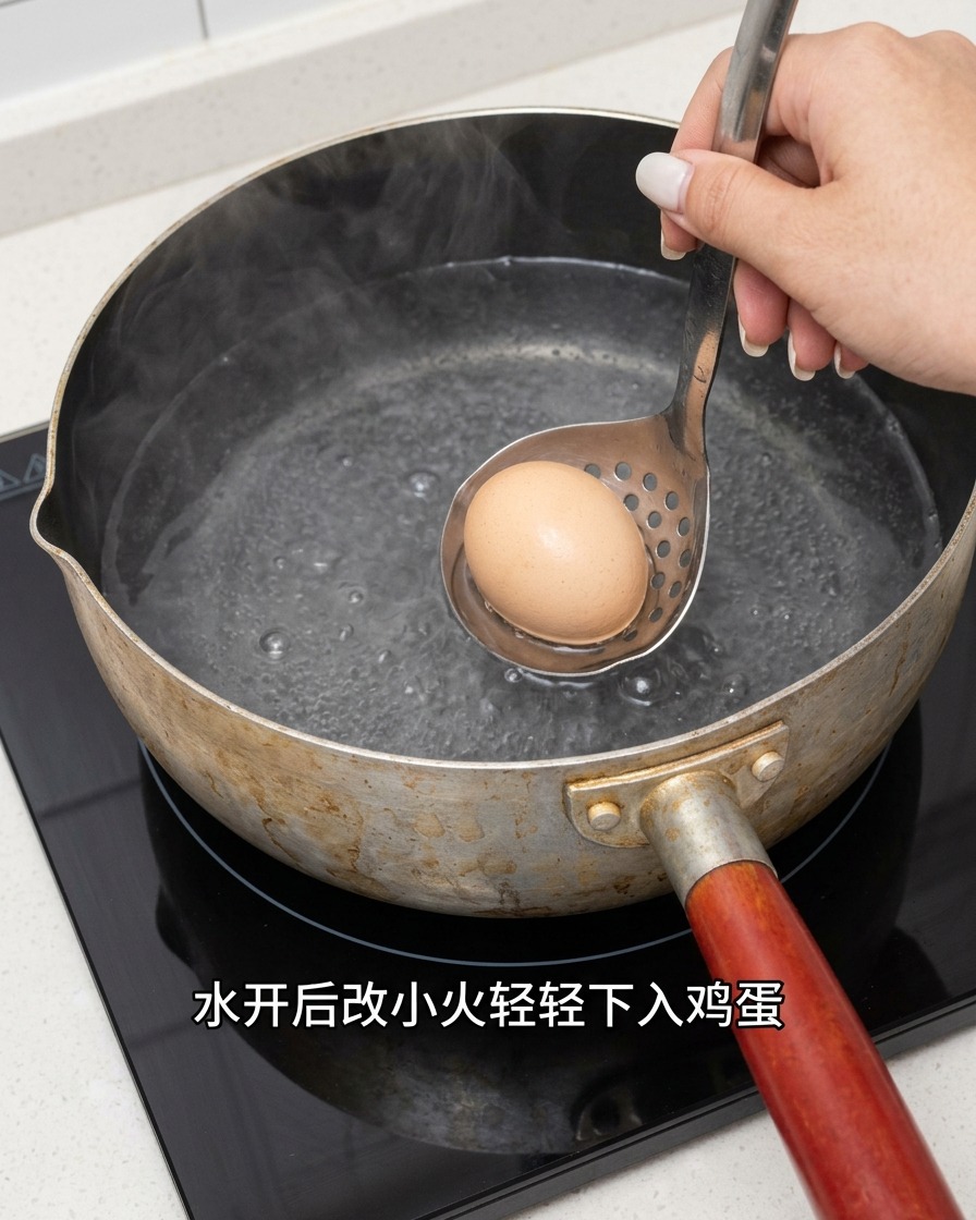 Un uovo crudo immerso delicatamente in una pentola di acqua bollente con un cucchiaio forato.