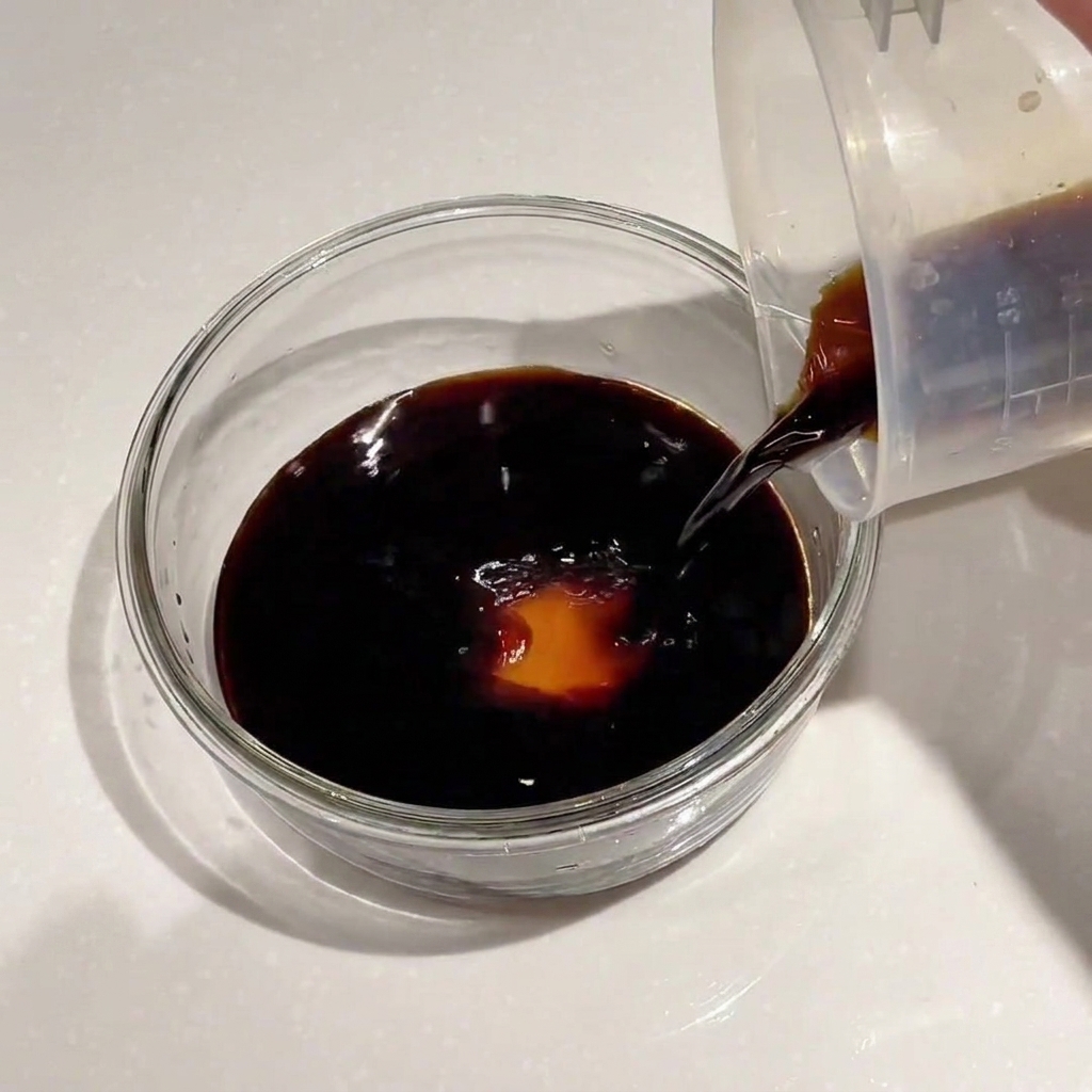 Acqua versata in una ciotola di salsa di soia scura.