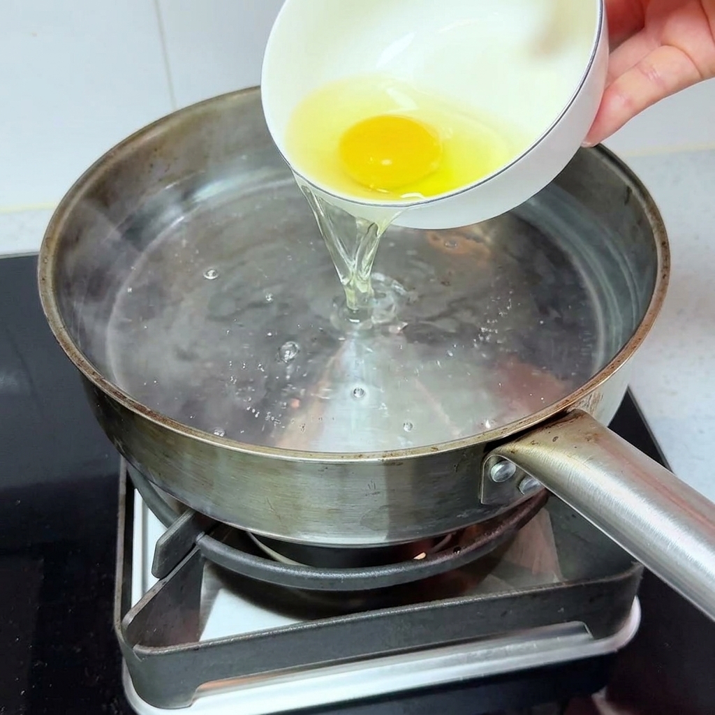 Una ciotolina che versa luovo nellacqua bollente di una pentola.