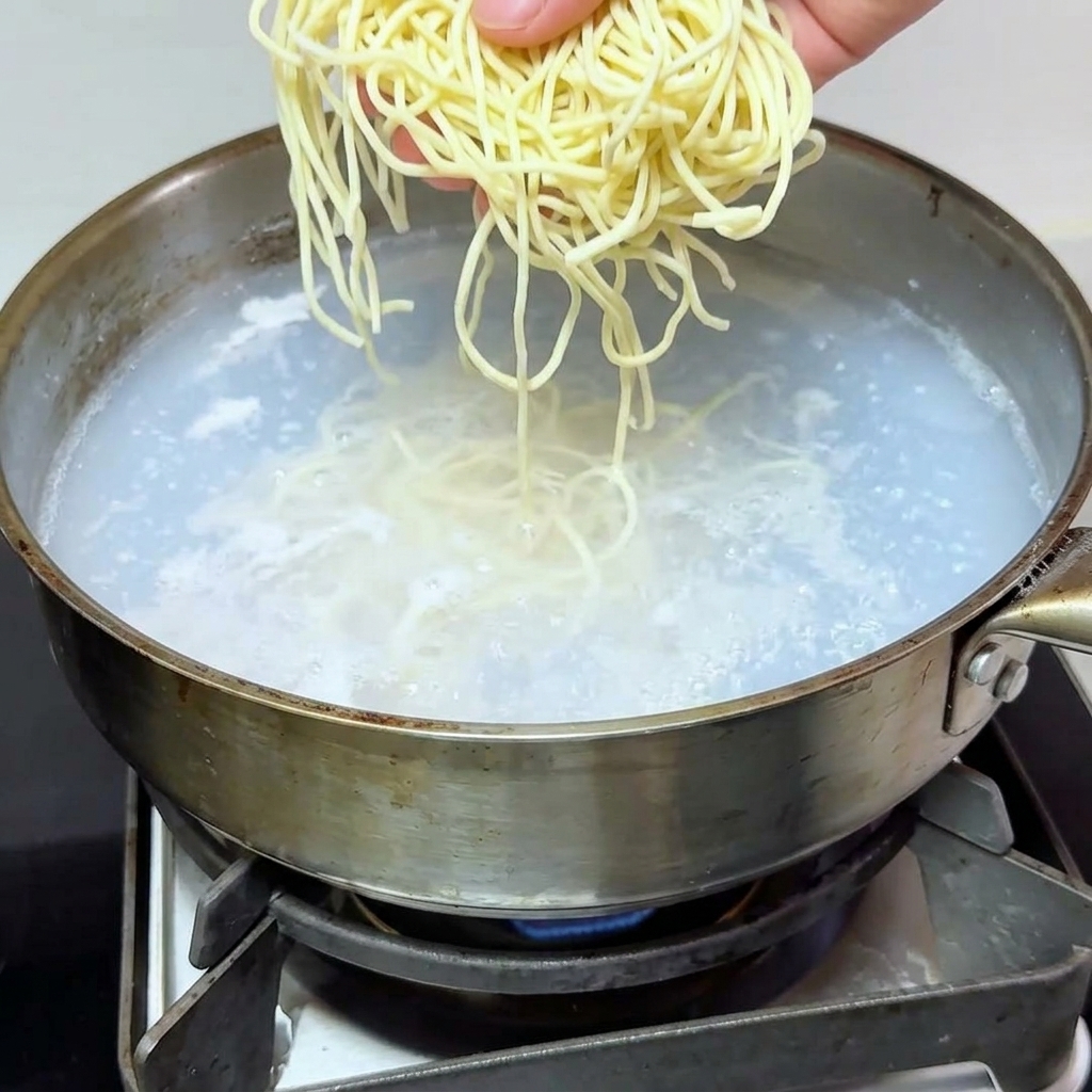 Noodles che cuociono in una pentola dacqua bollente.