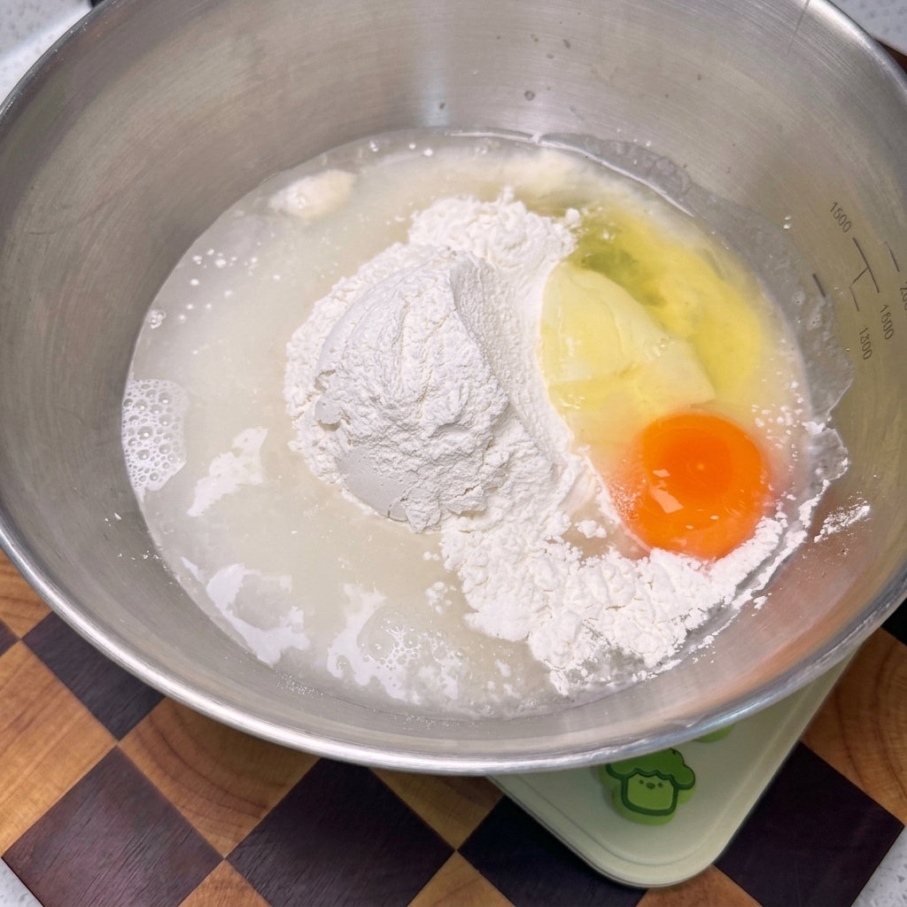 Una frusta che mescola farina, uovo e acqua in una ciotola dacciaio fino a ottenere una pastella liscia color giallo pallido.
