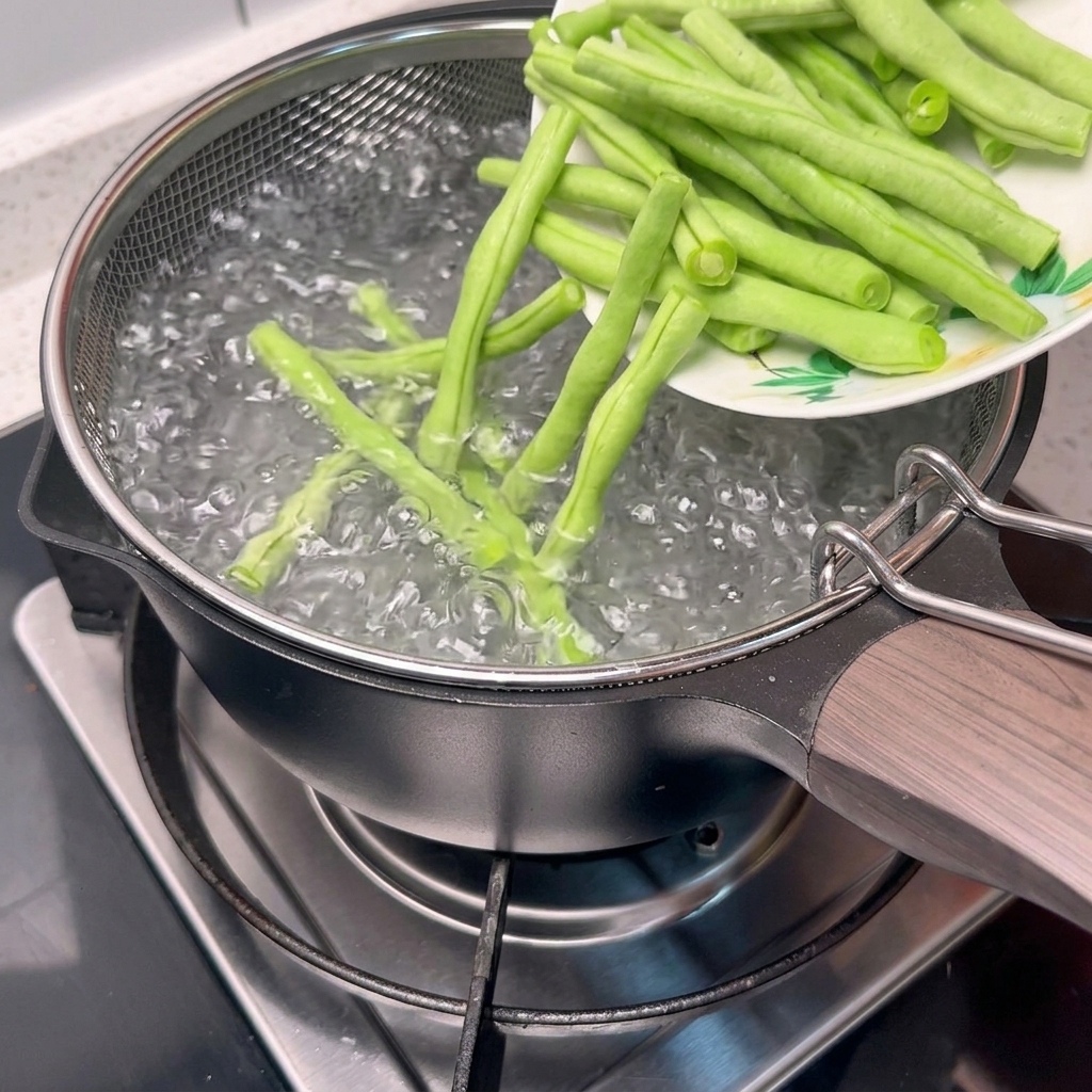 Un colino che immerge i fagiolini freschi in una pentola dacqua bollente.