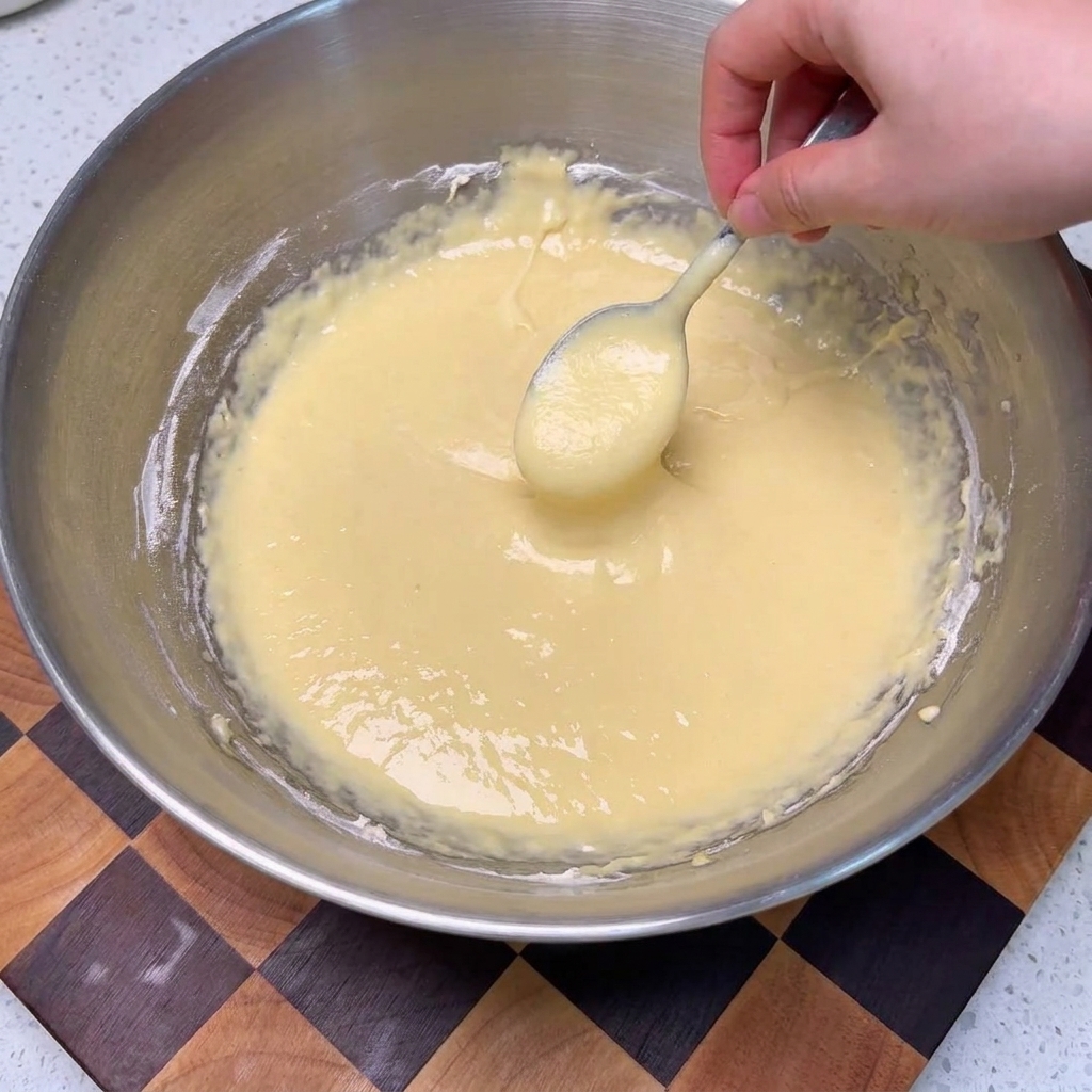 Un cucchiaio che versa la pastella gialla sui fagiolini sbollentati in una ciotola.