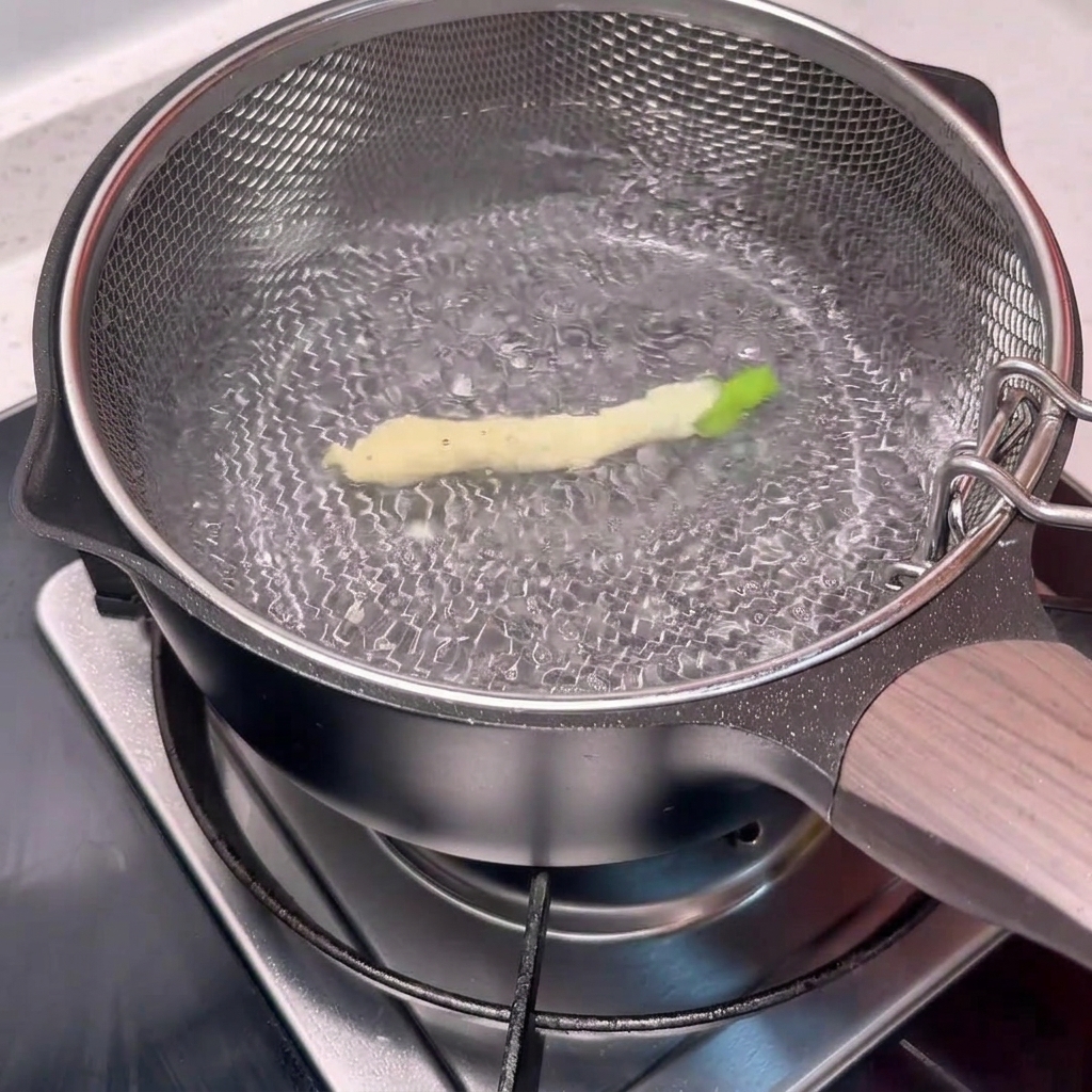 Un fagiolino in pastella che galleggia in una pentola dacqua bollente.